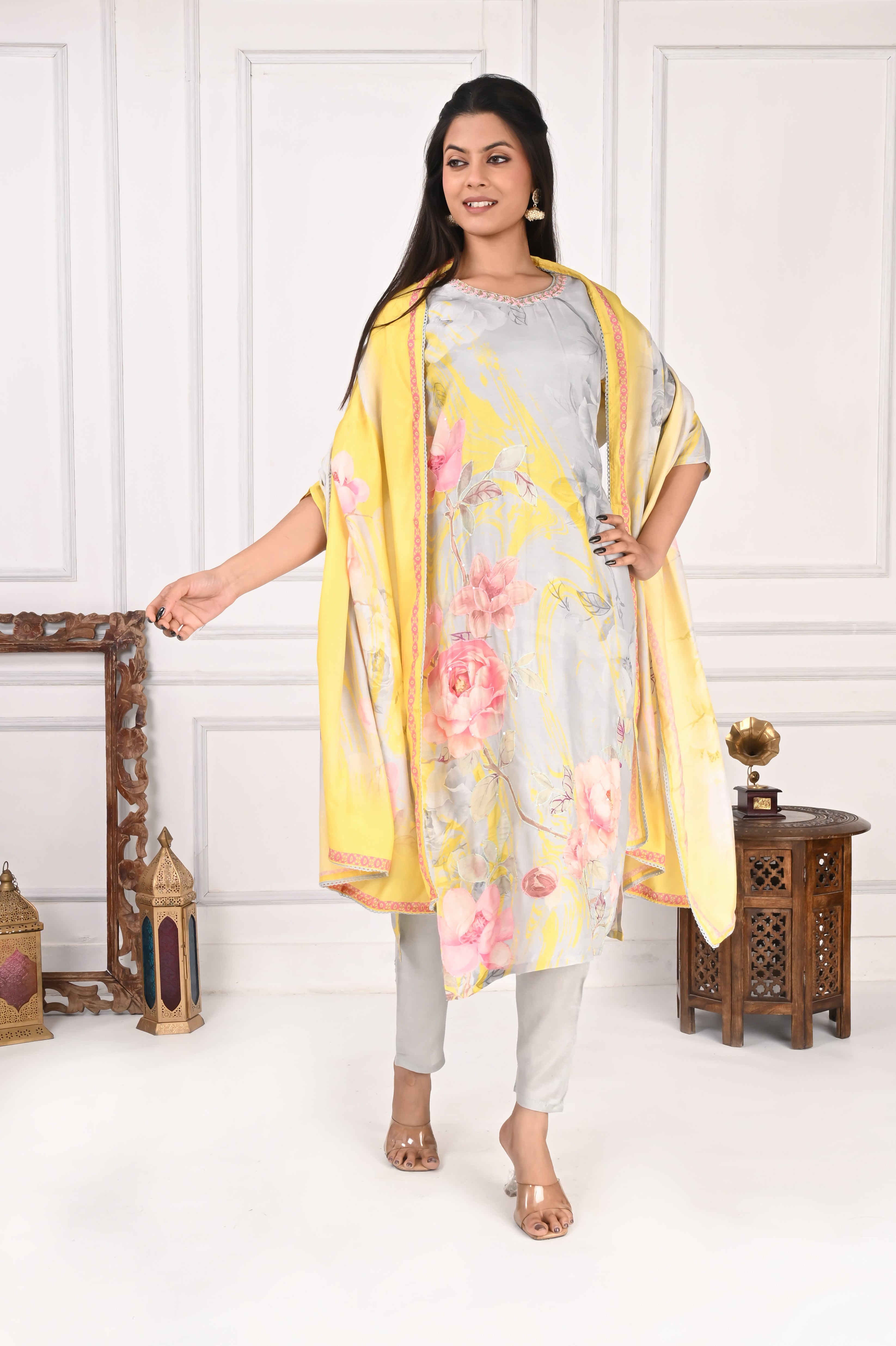 NR-137 Pastel Grey & Yellow Pure Maslin Floral Printed Kurta Set