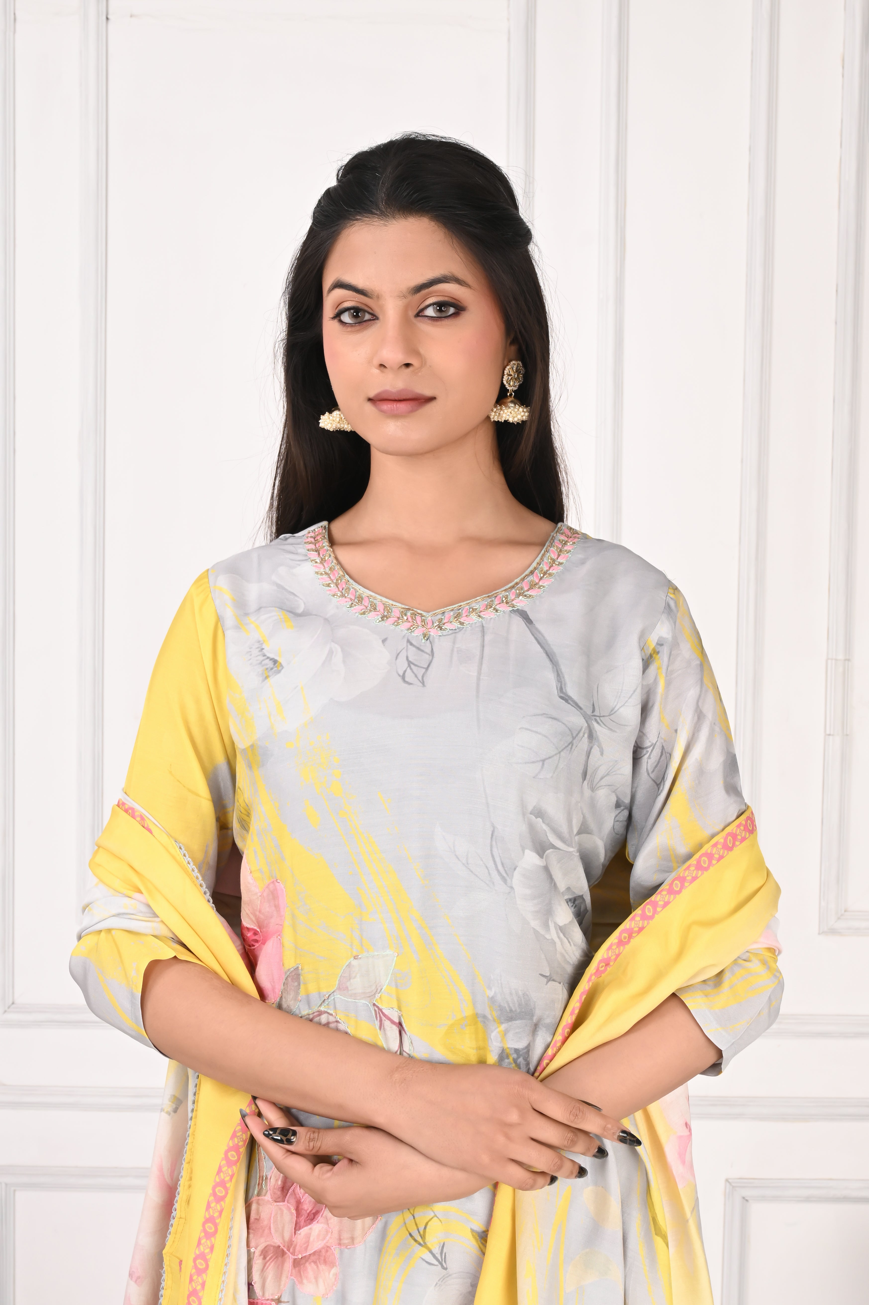 NR-137 Pastel Grey & Yellow Pure Maslin Floral Printed Kurta Set