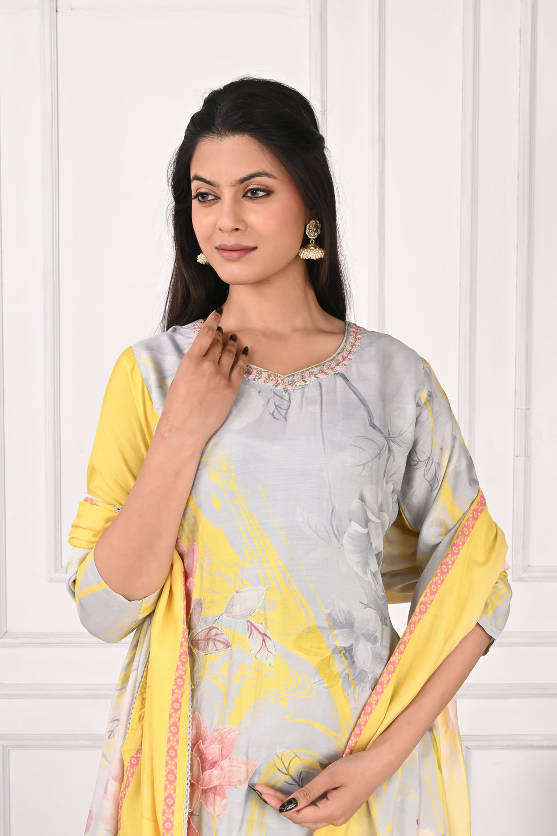 NR-137 Pastel Grey & Yellow Pure Maslin Floral Printed Kurta Set