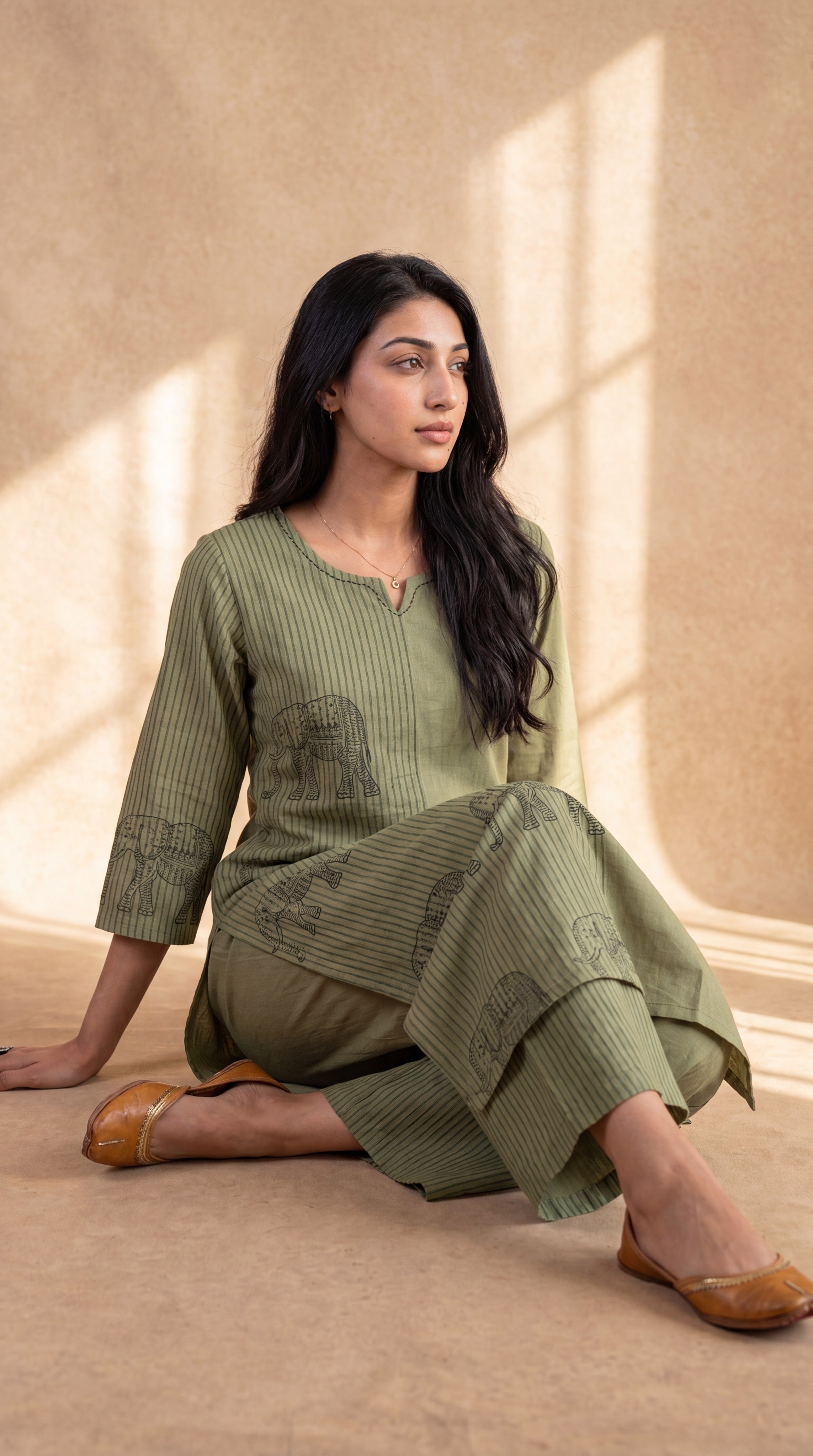 NR-142 Olive Green Elephant Print Cotton Co-ord Set