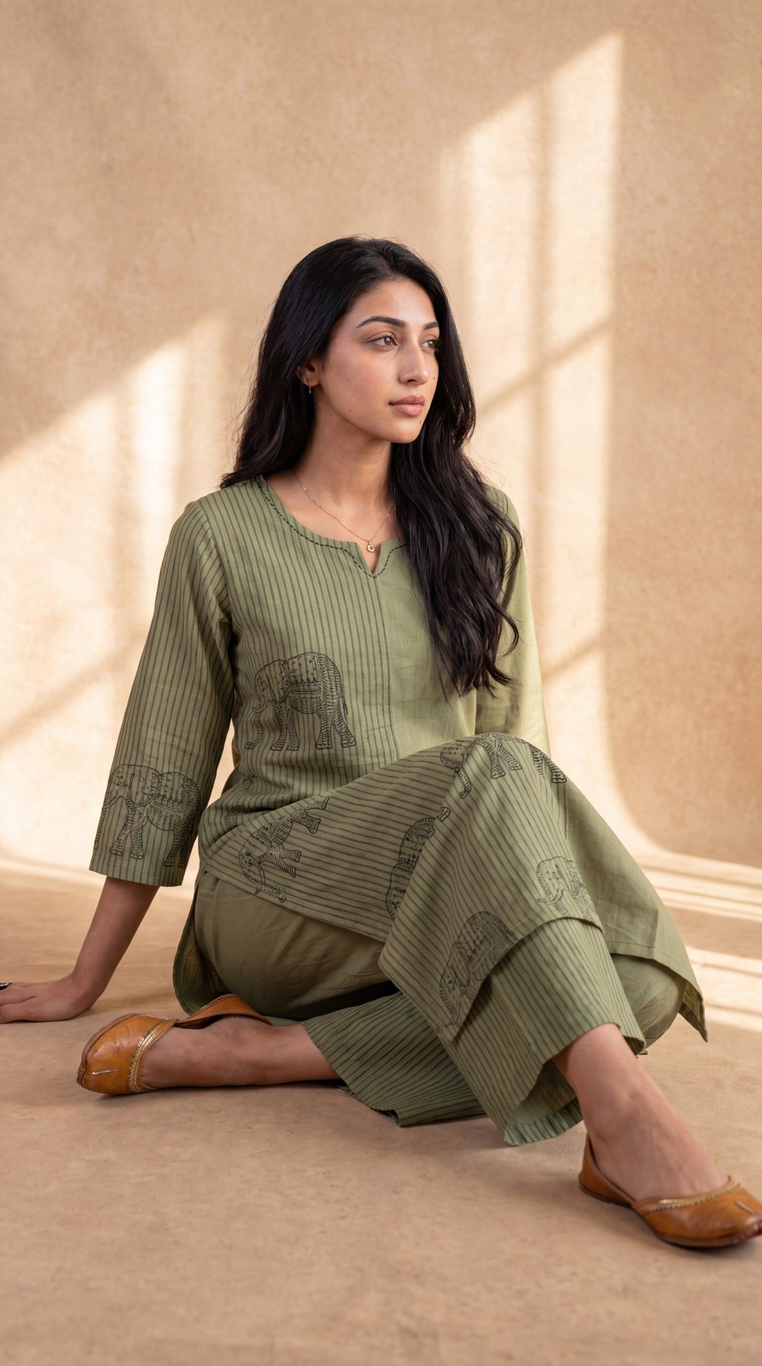 NR-142 Olive Green Elephant Print Cotton Co-ord Set