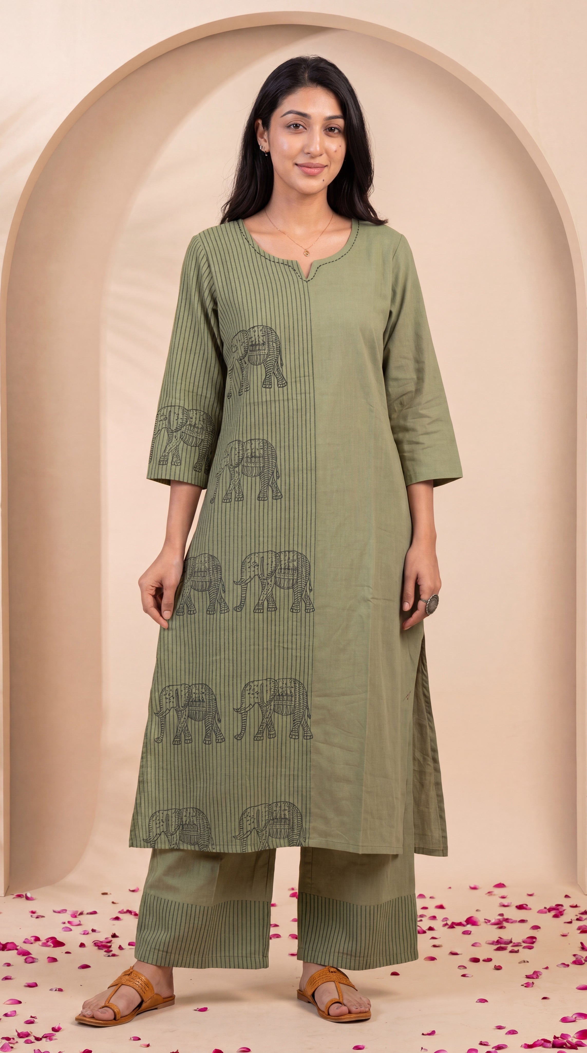 NR-142 Olive Green Elephant Print Cotton Co-ord Set