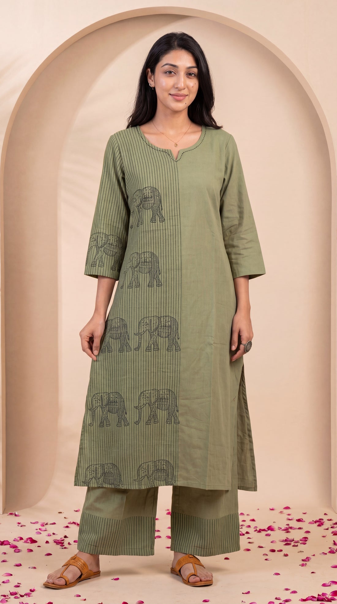 NR-142 Olive Green Elephant Print Cotton Co-ord Set