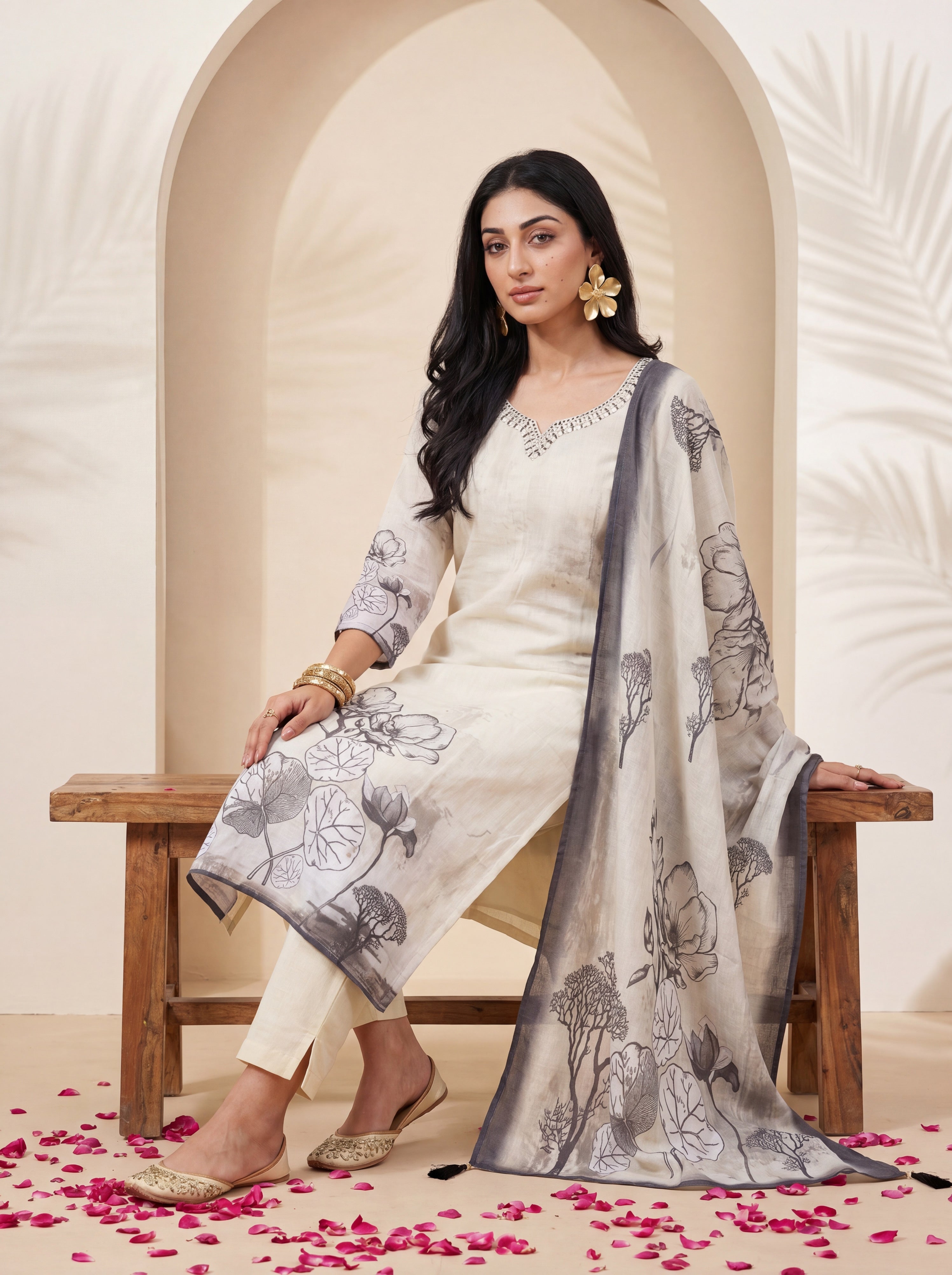NR-144 Ivory Botanical Printed Kurta Set with Dupatta