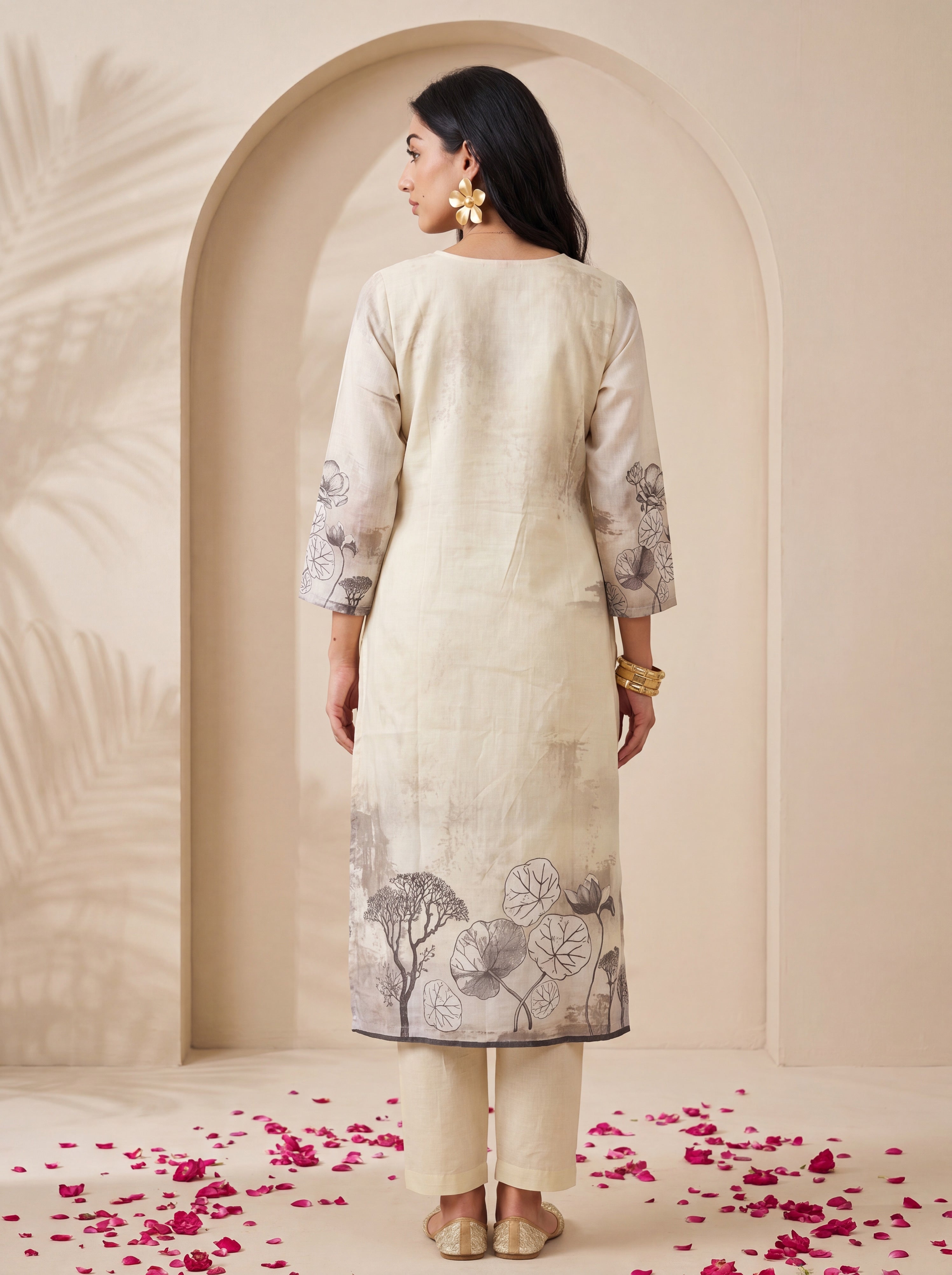 NR-144 Ivory Botanical Printed Kurta Set with Dupatta