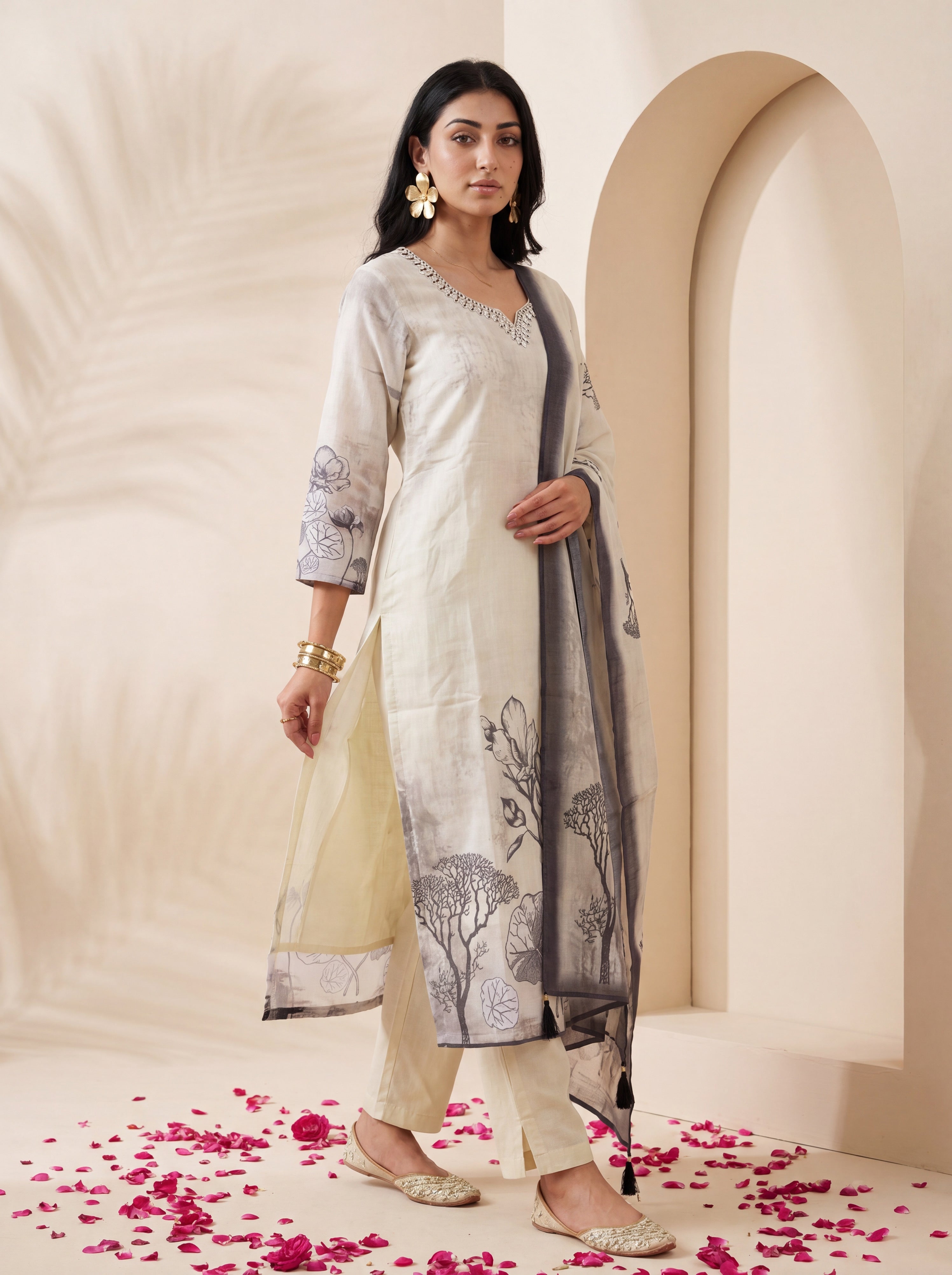 NR-144 Ivory Botanical Printed Kurta Set with Dupatta