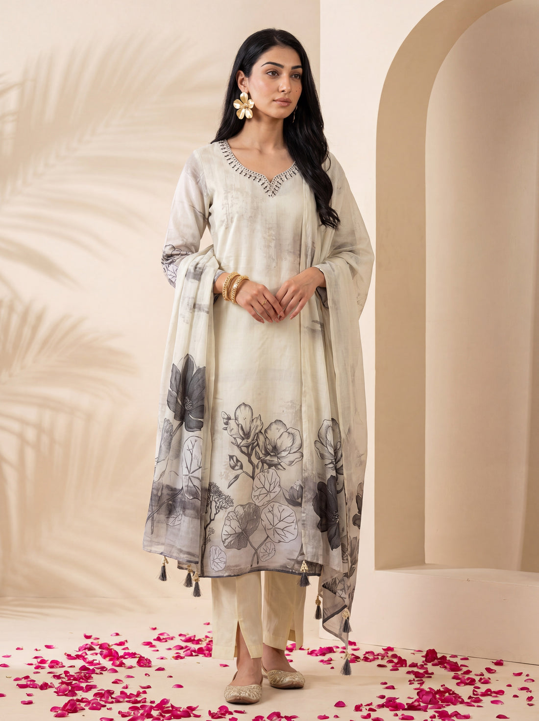NR-144 Ivory Botanical Printed Kurta Set with Dupatta
