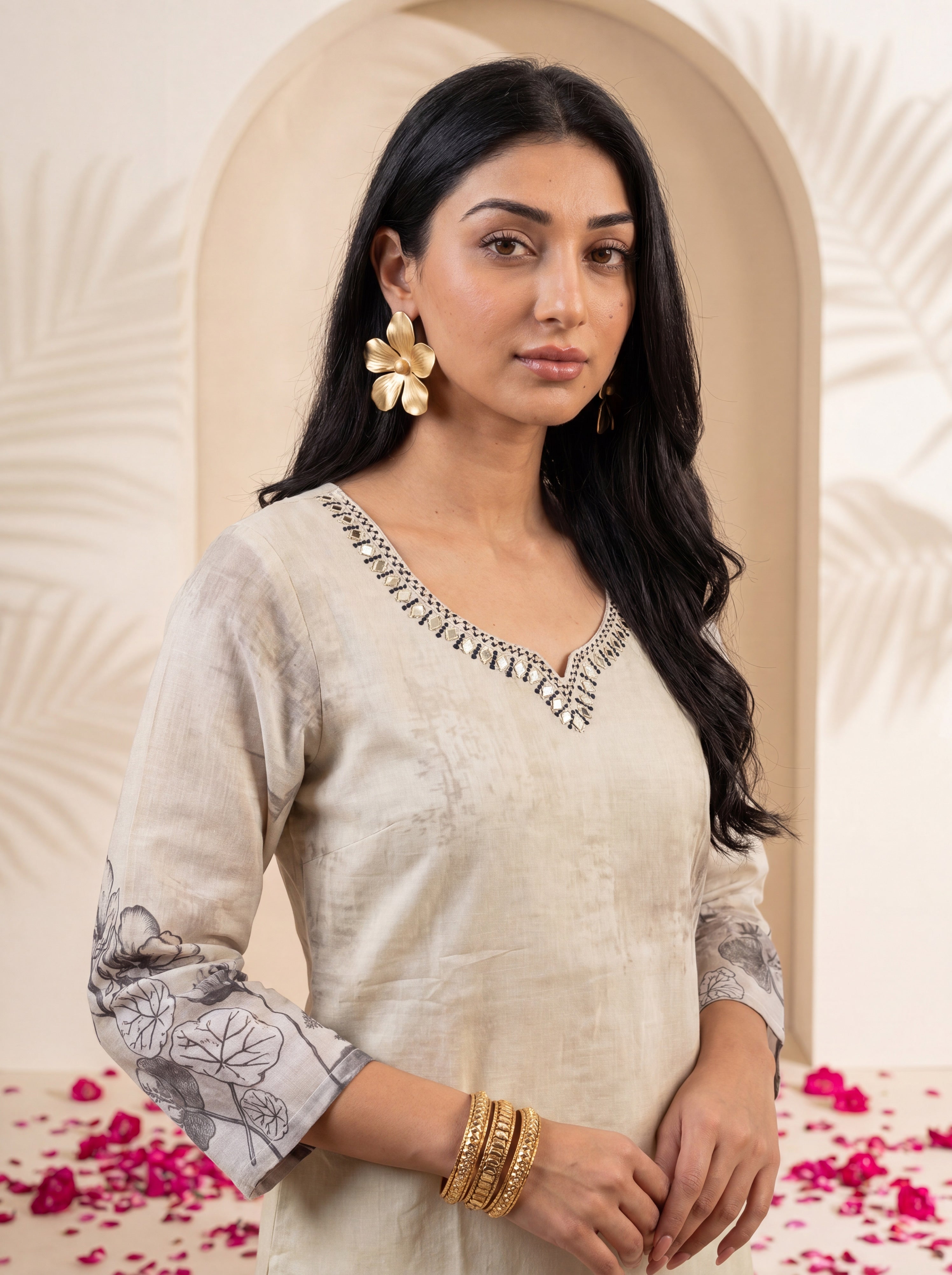 NR-144 Ivory Botanical Printed Kurta Set with Dupatta
