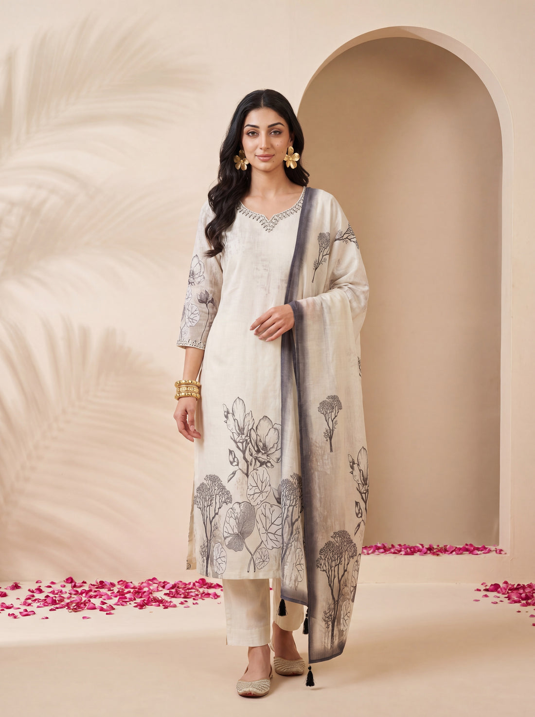 NR-144 Ivory Botanical Printed Kurta Set with Dupatta