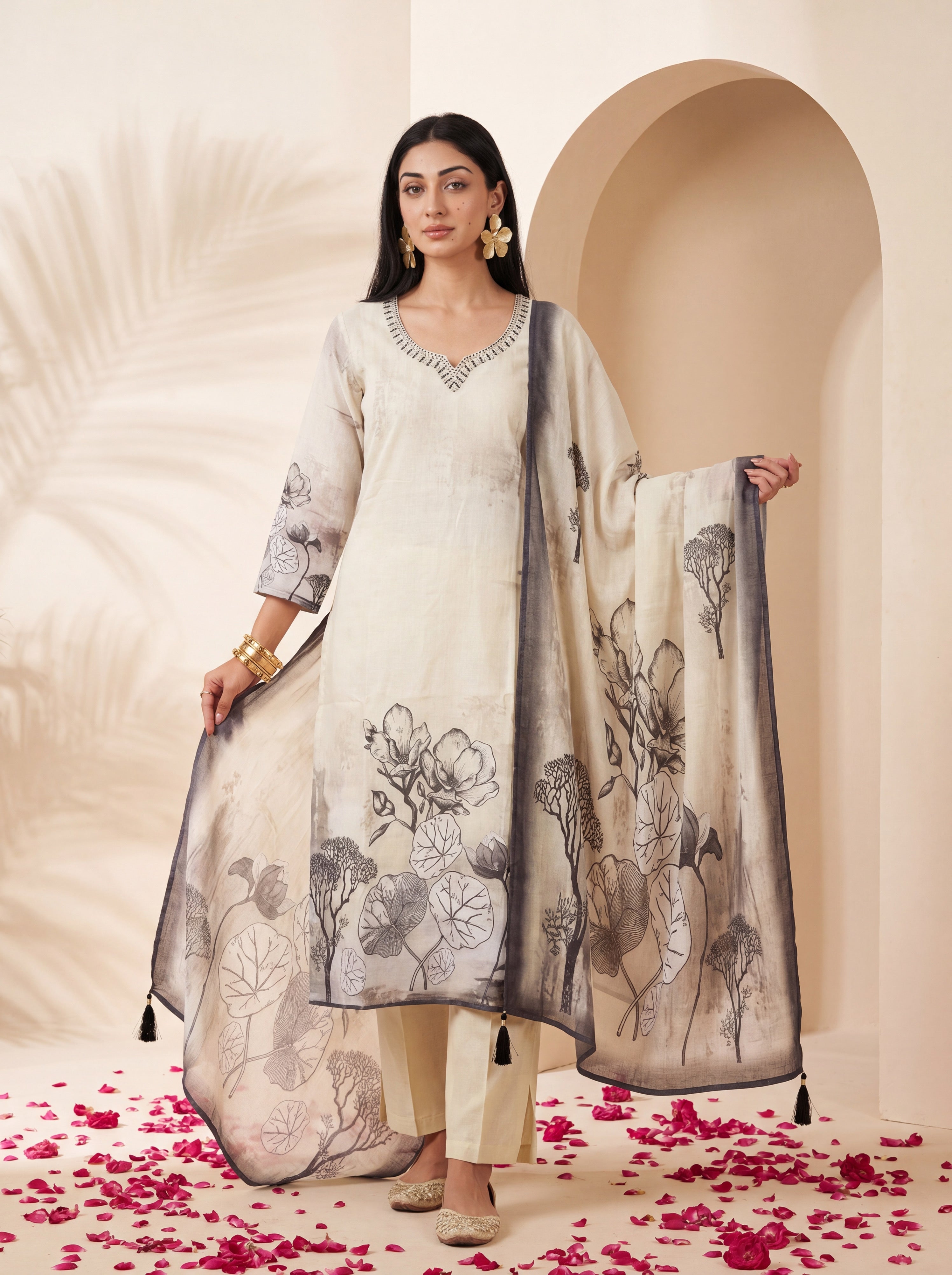 NR-144 Ivory Botanical Printed Kurta Set with Dupatta