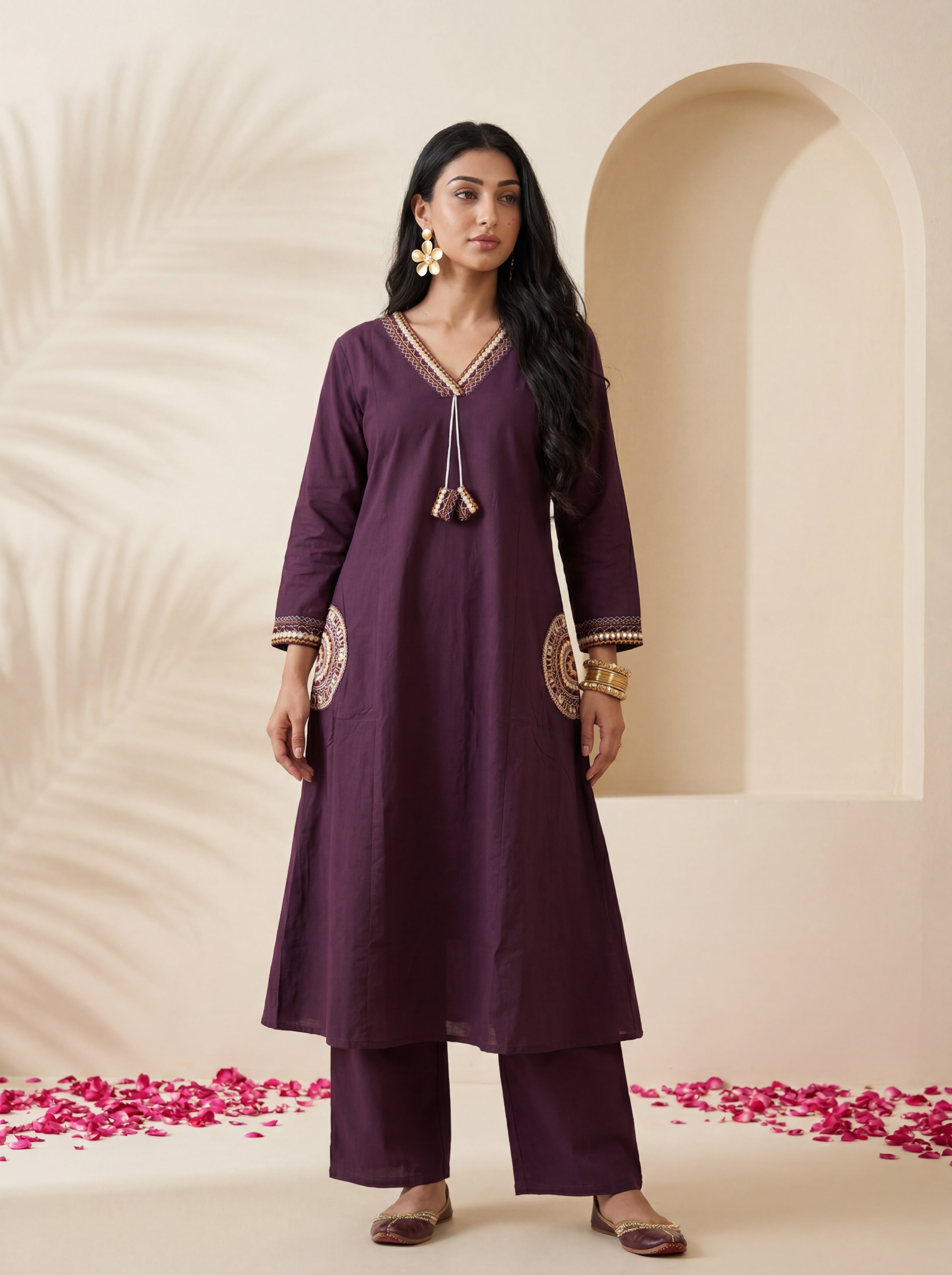 NR-145 Royal Plum Embroidered Cotton Kurta & Pant Set