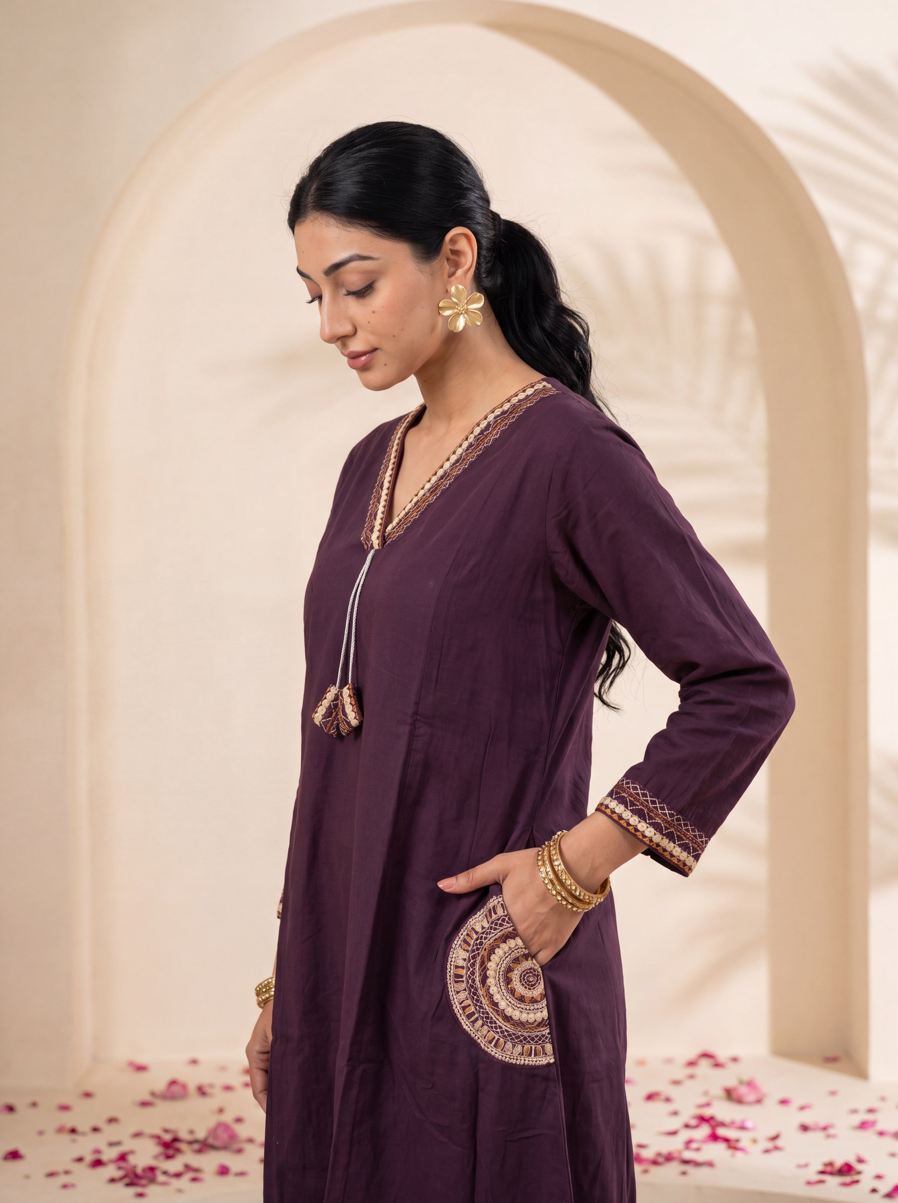 NR-145 Royal Plum Embroidered Cotton Kurta & Pant Set