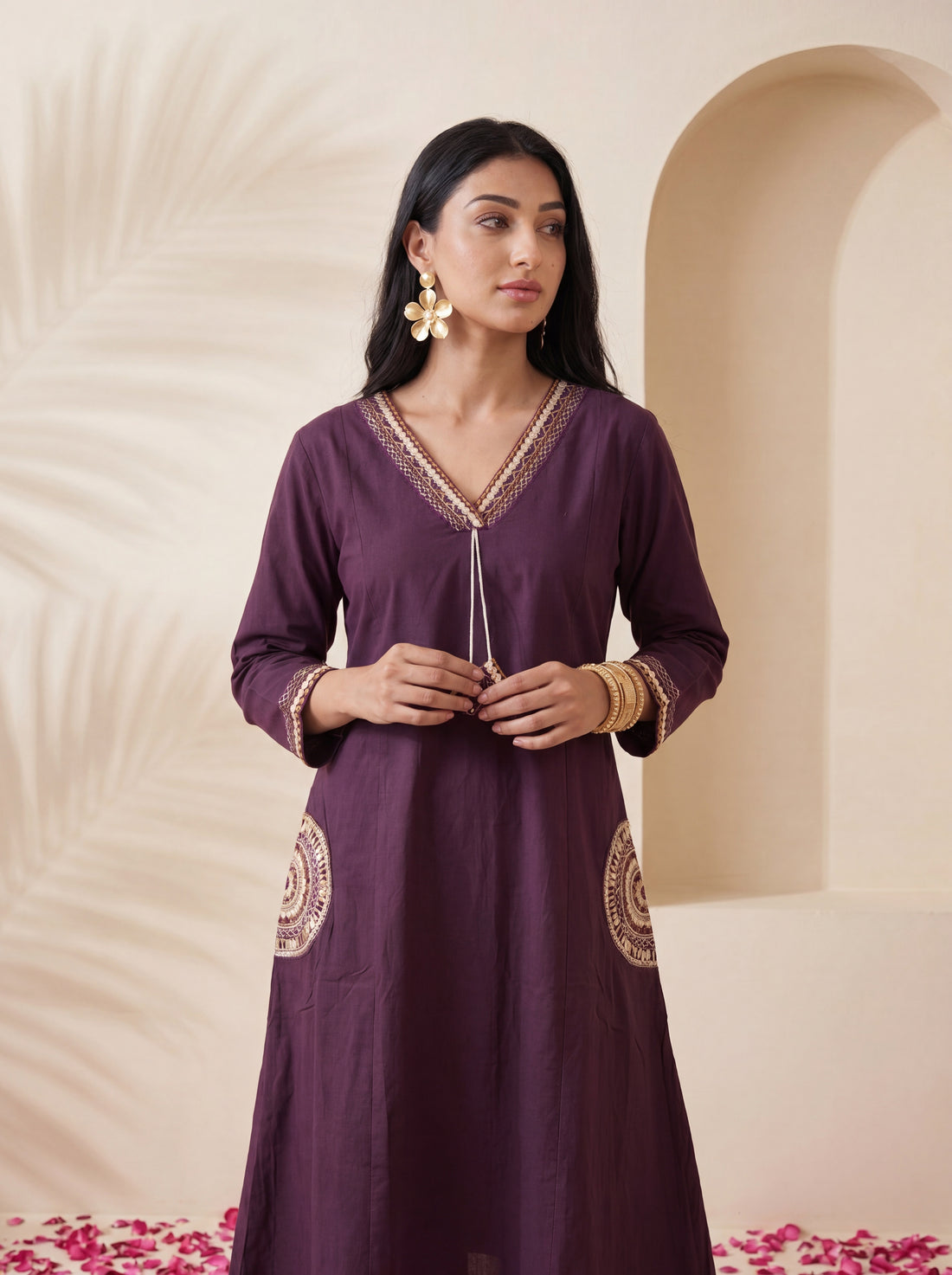 NR-145 Royal Plum Embroidered Cotton Kurta & Pant Set