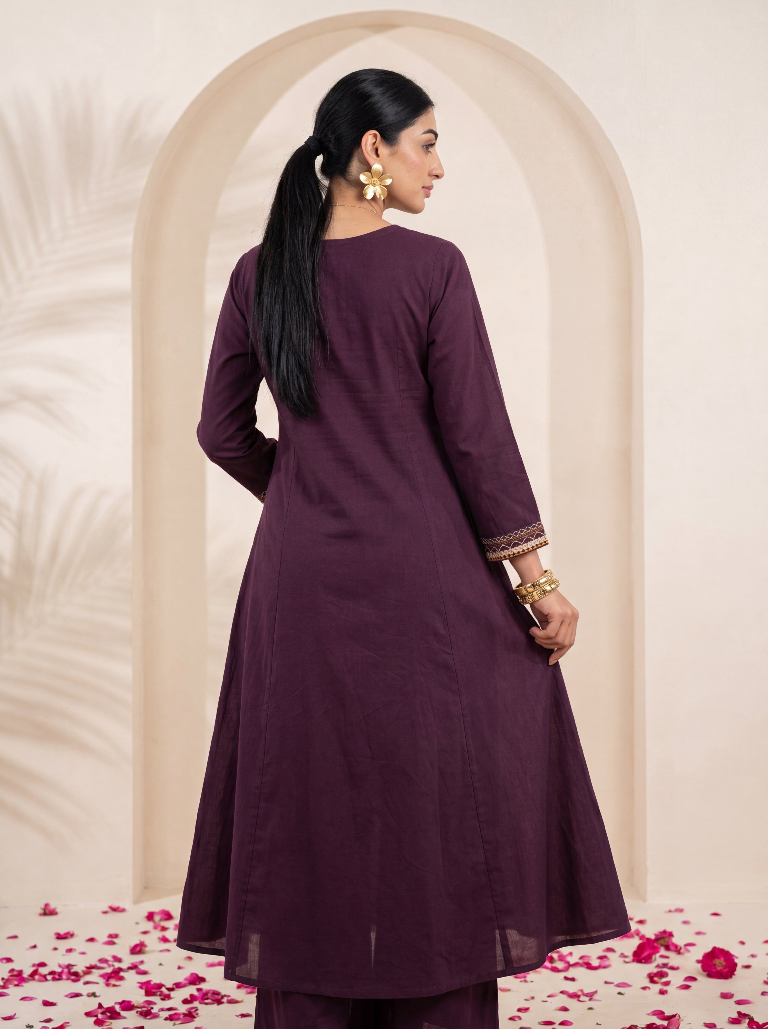 NR-145 Royal Plum Embroidered Cotton Kurta & Pant Set