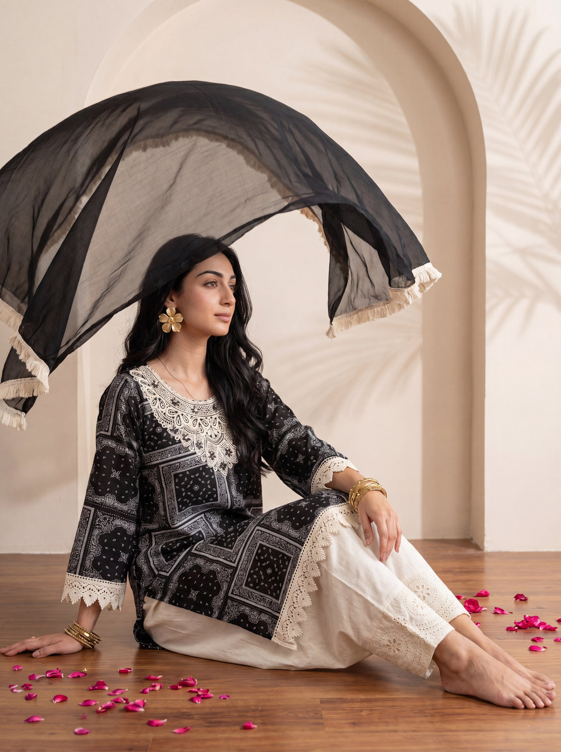 NR-146 Black and Ivory Farsi Salwar Suit Set