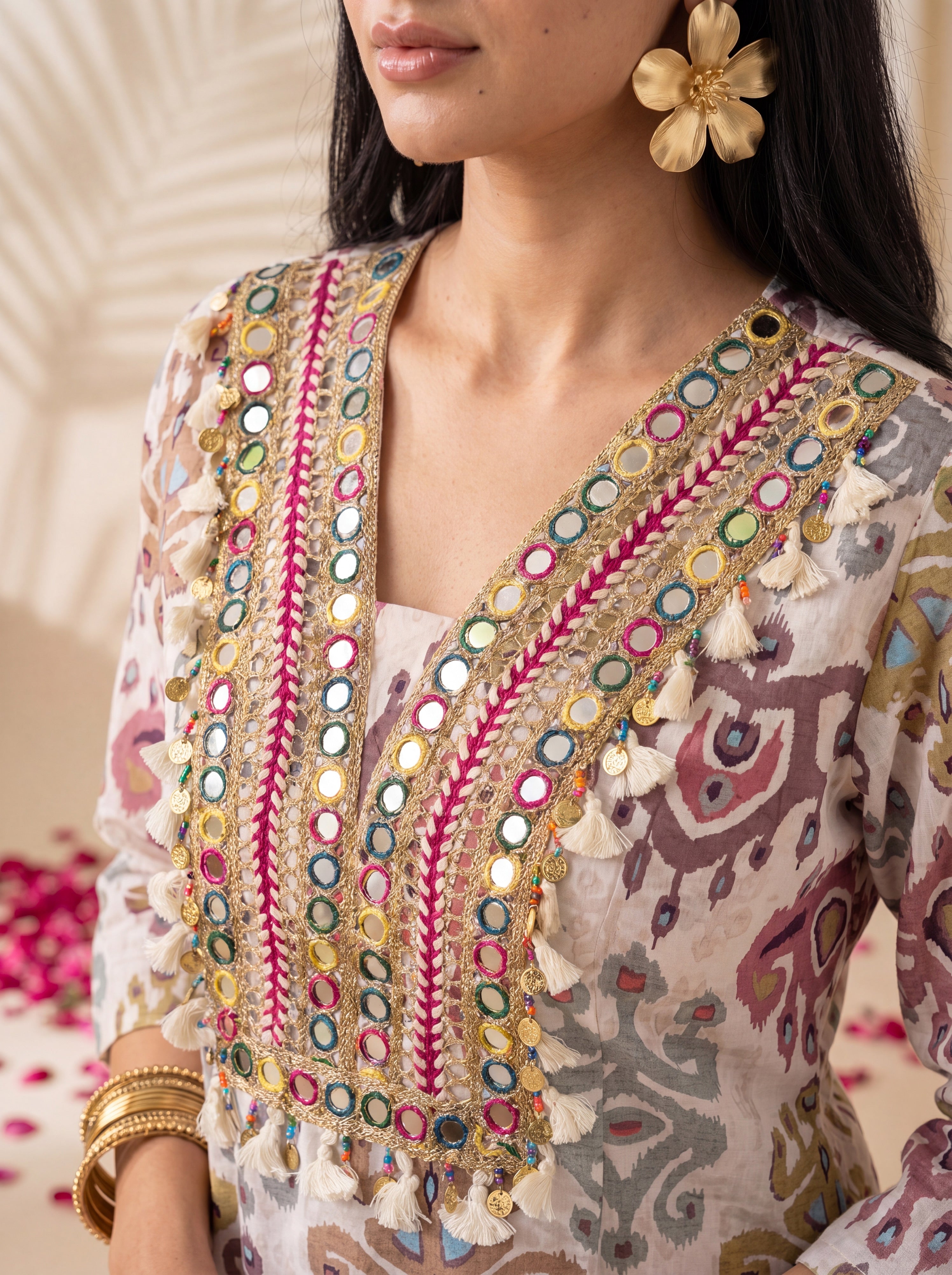 NR-148 Pastel Ikat Mirror Work Farsi Salwar Kurta Set with Dupatta