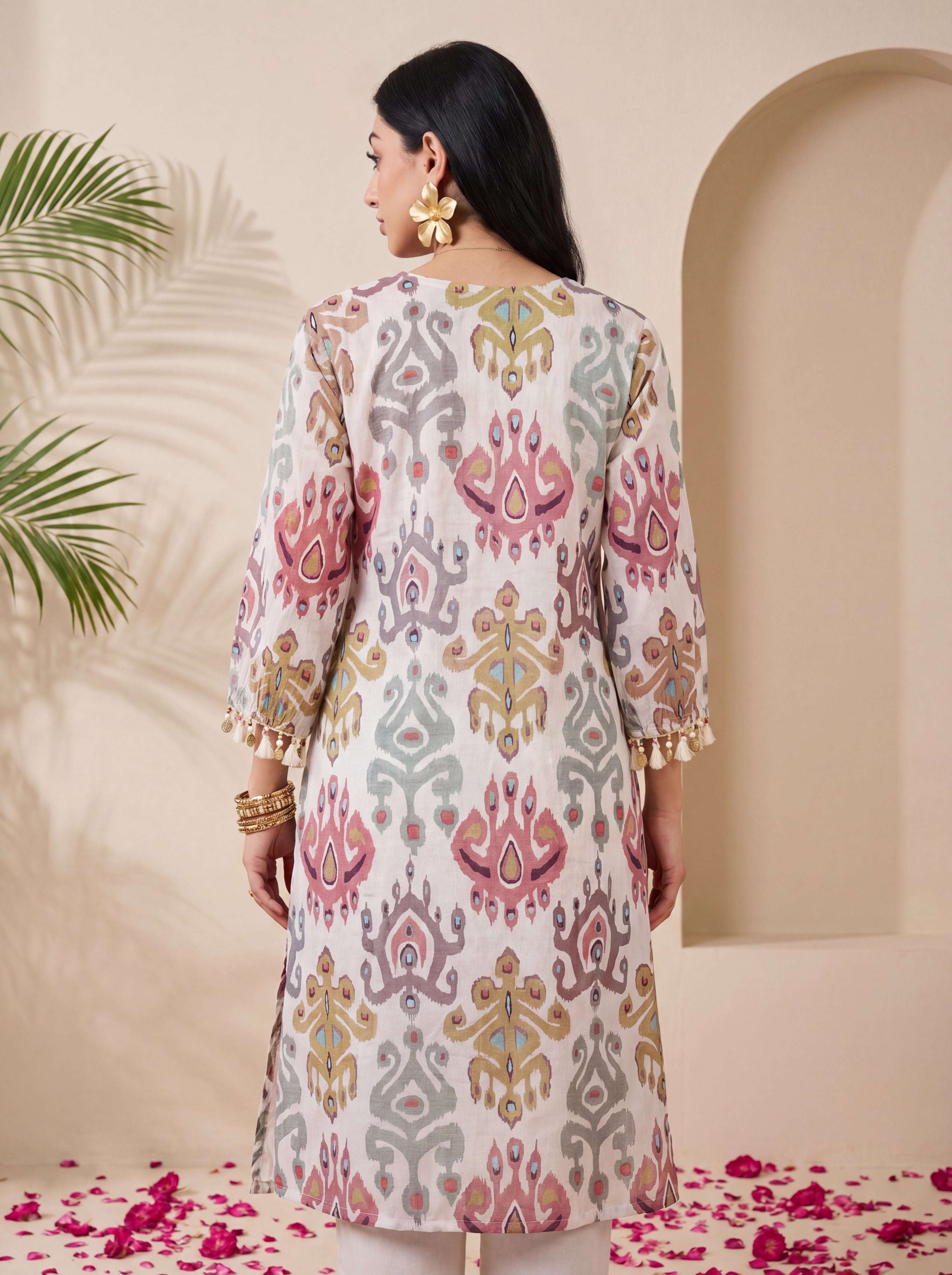NR-148 Pastel Ikat Mirror Work Farsi Salwar Kurta Set with Dupatta