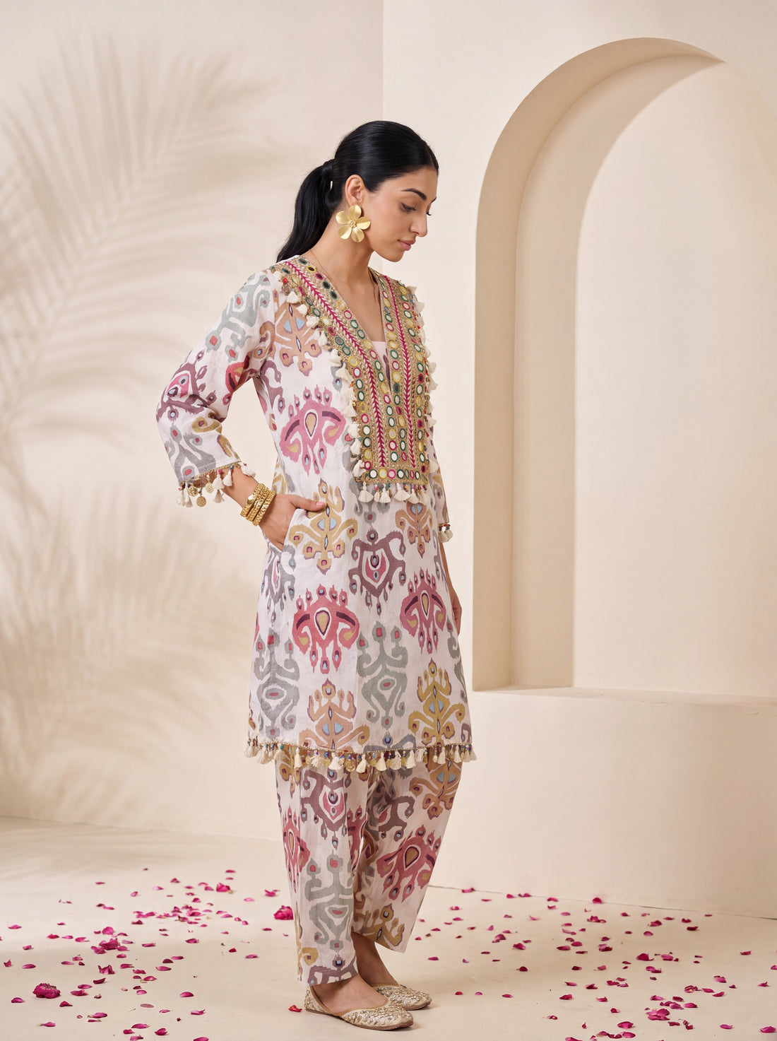 NR-148 Pastel Ikat Mirror Work Farsi Salwar Kurta Set with Dupatta
