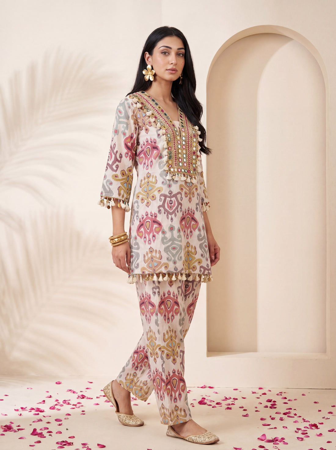 NR-148 Pastel Ikat Mirror Work Farsi Salwar Kurta Set with Dupatta