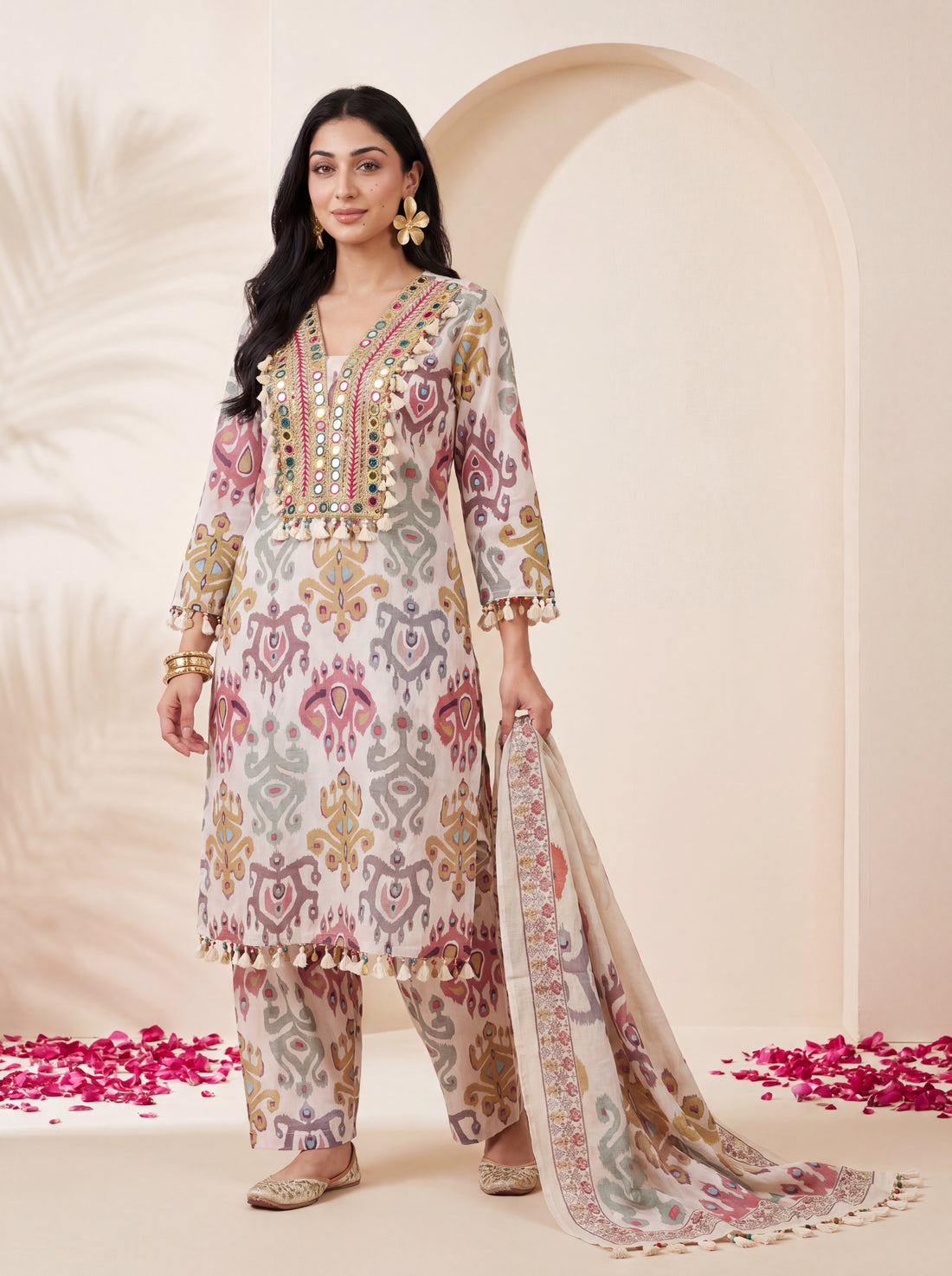 NR-148 Pastel Ikat Mirror Work Farsi Salwar Kurta Set with Dupatta