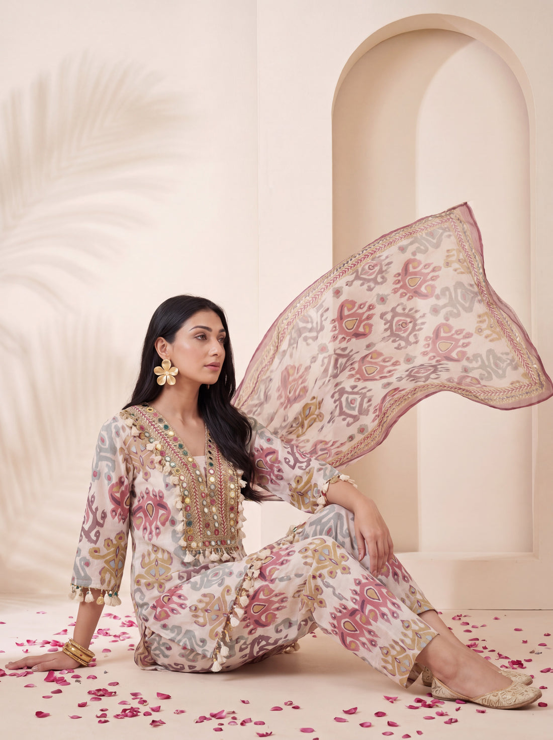 NR-148 Pastel Ikat Mirror Work Farsi Salwar Kurta Set with Dupatta