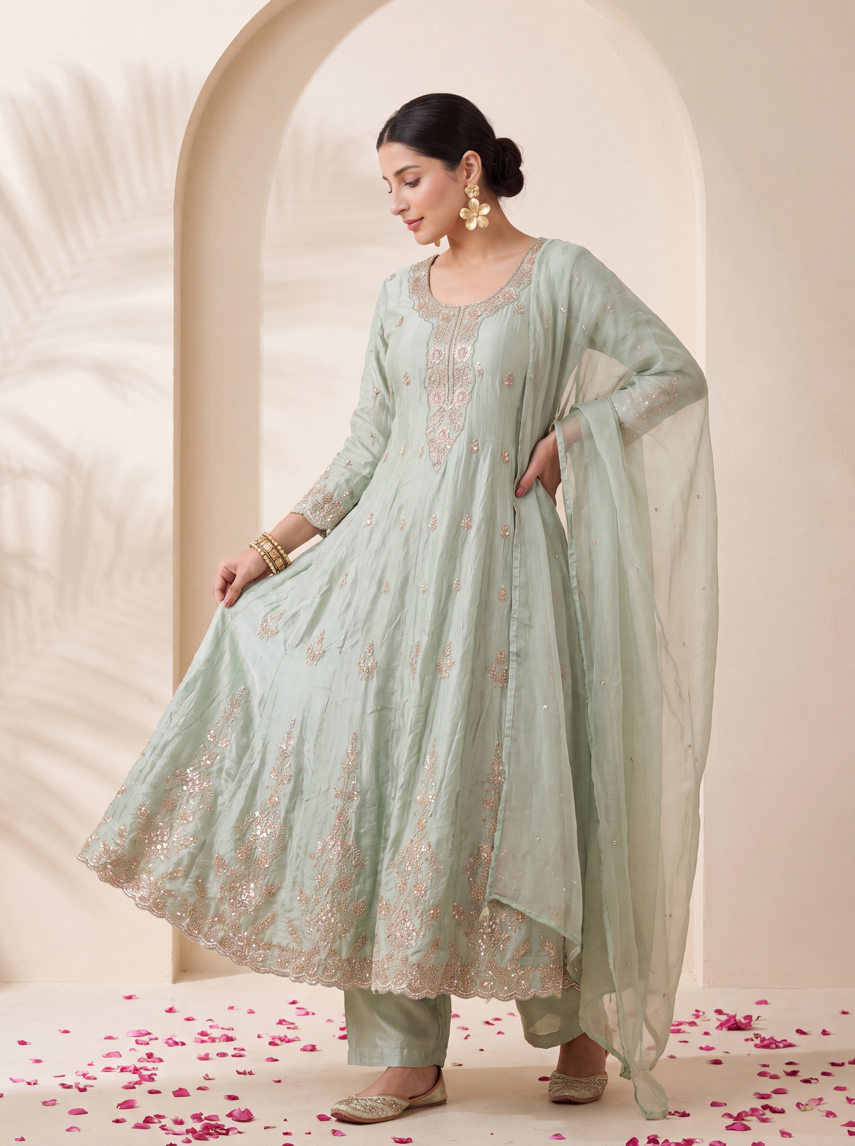 NR-152 Mint Sage Embroidered Anarkali Suit Set