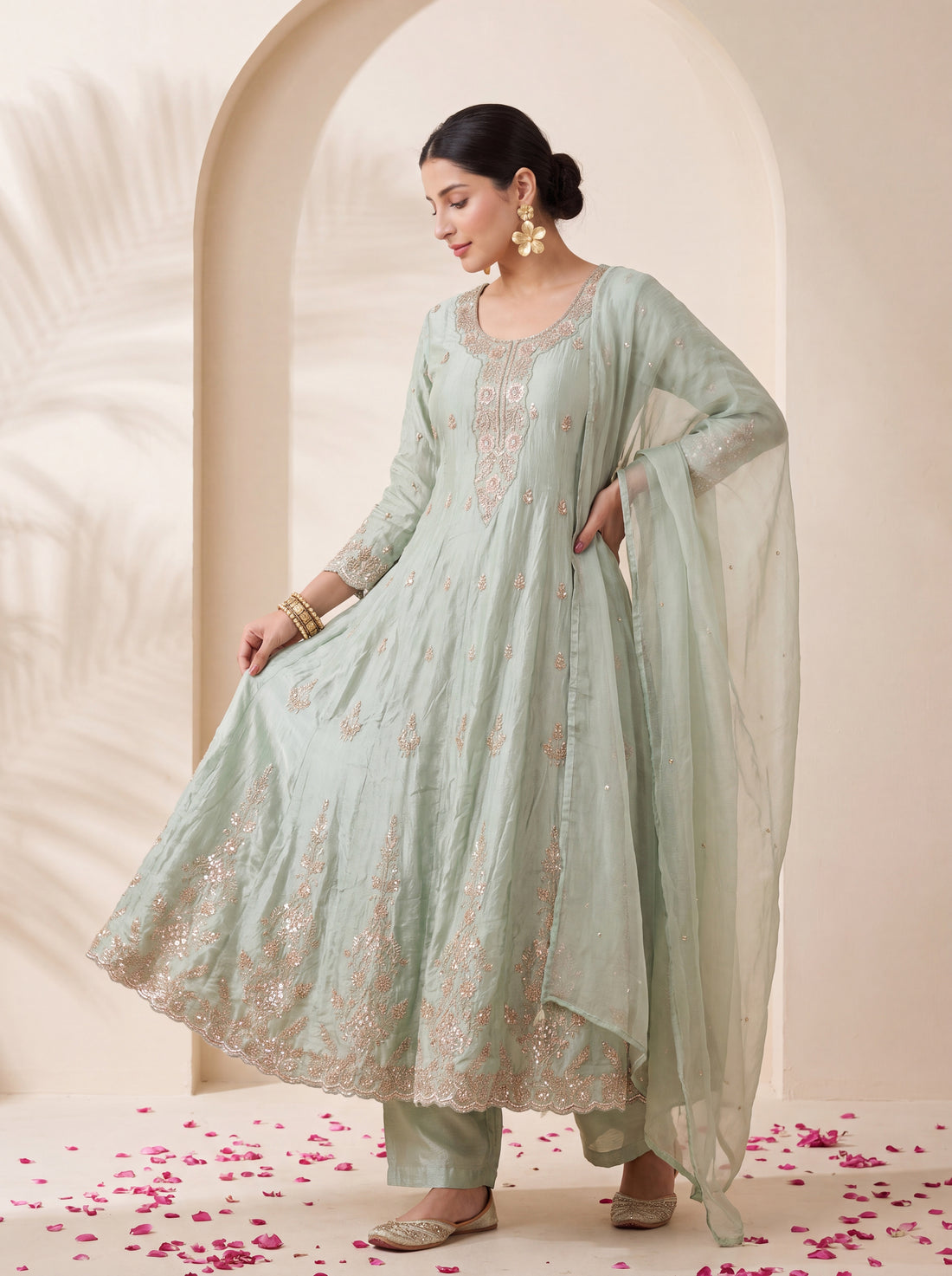 NR-152 Mint Sage Embroidered Anarkali Suit Set