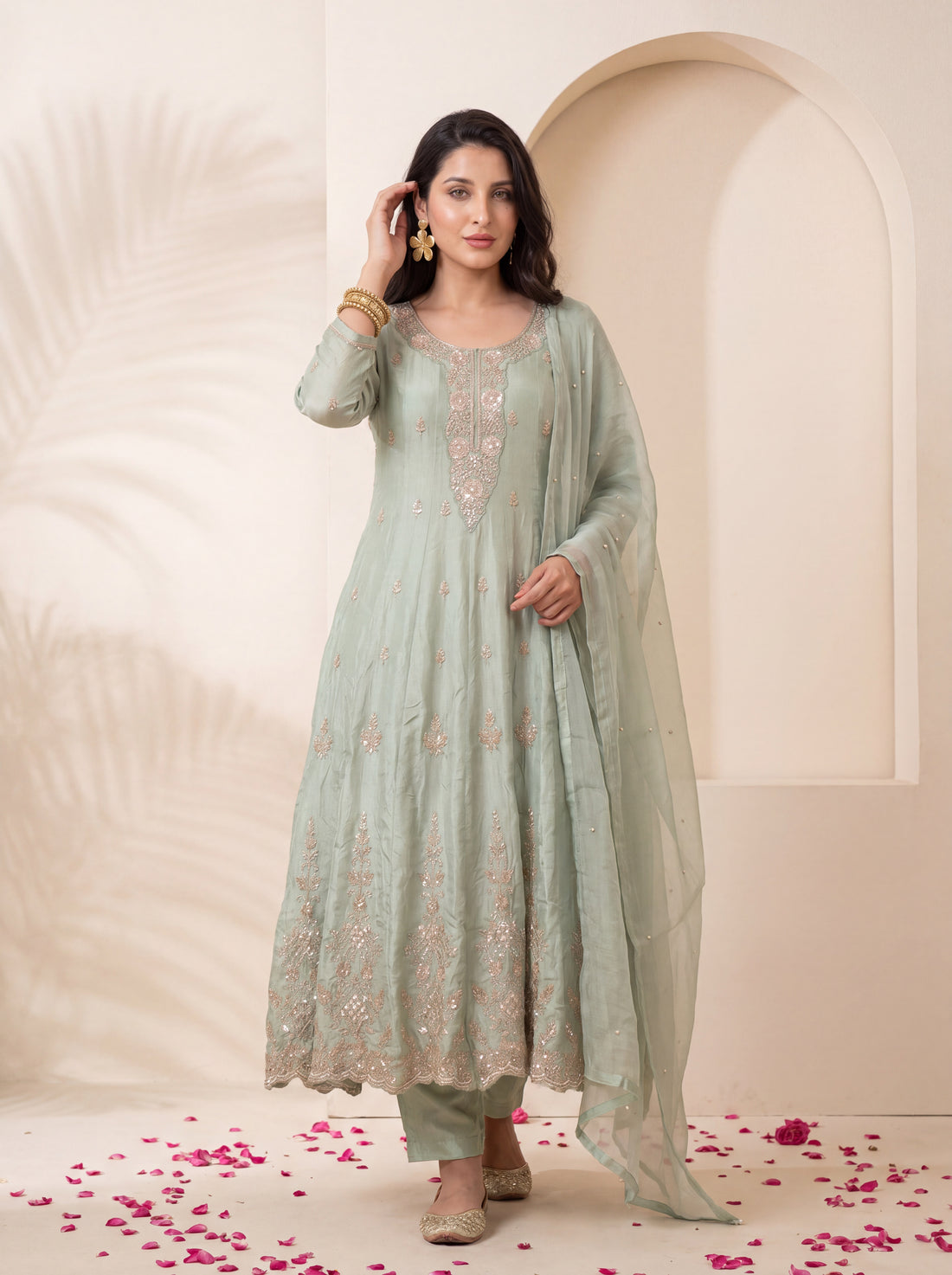 NR-152 Mint Sage Embroidered Anarkali Suit Set