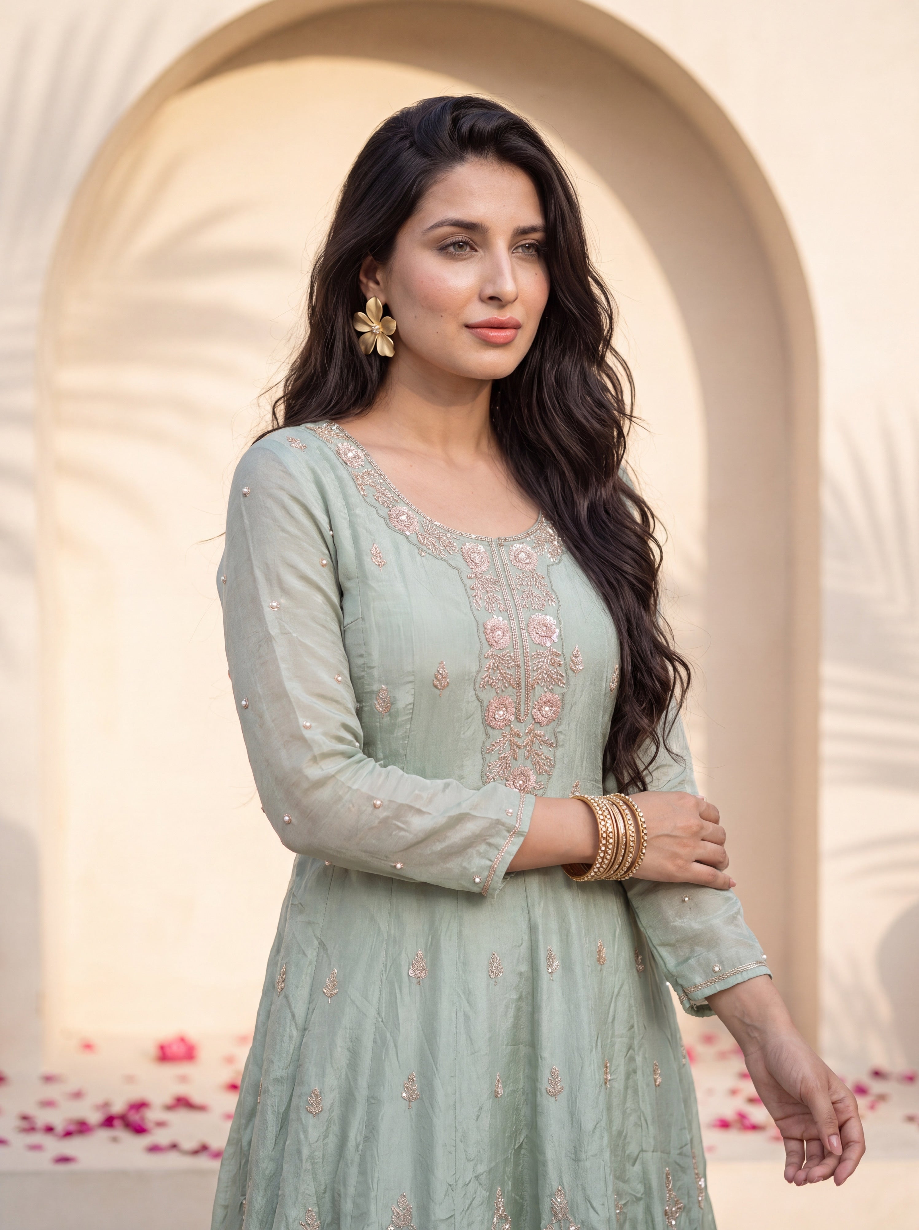 NR-152 Mint Sage Embroidered Anarkali Suit Set