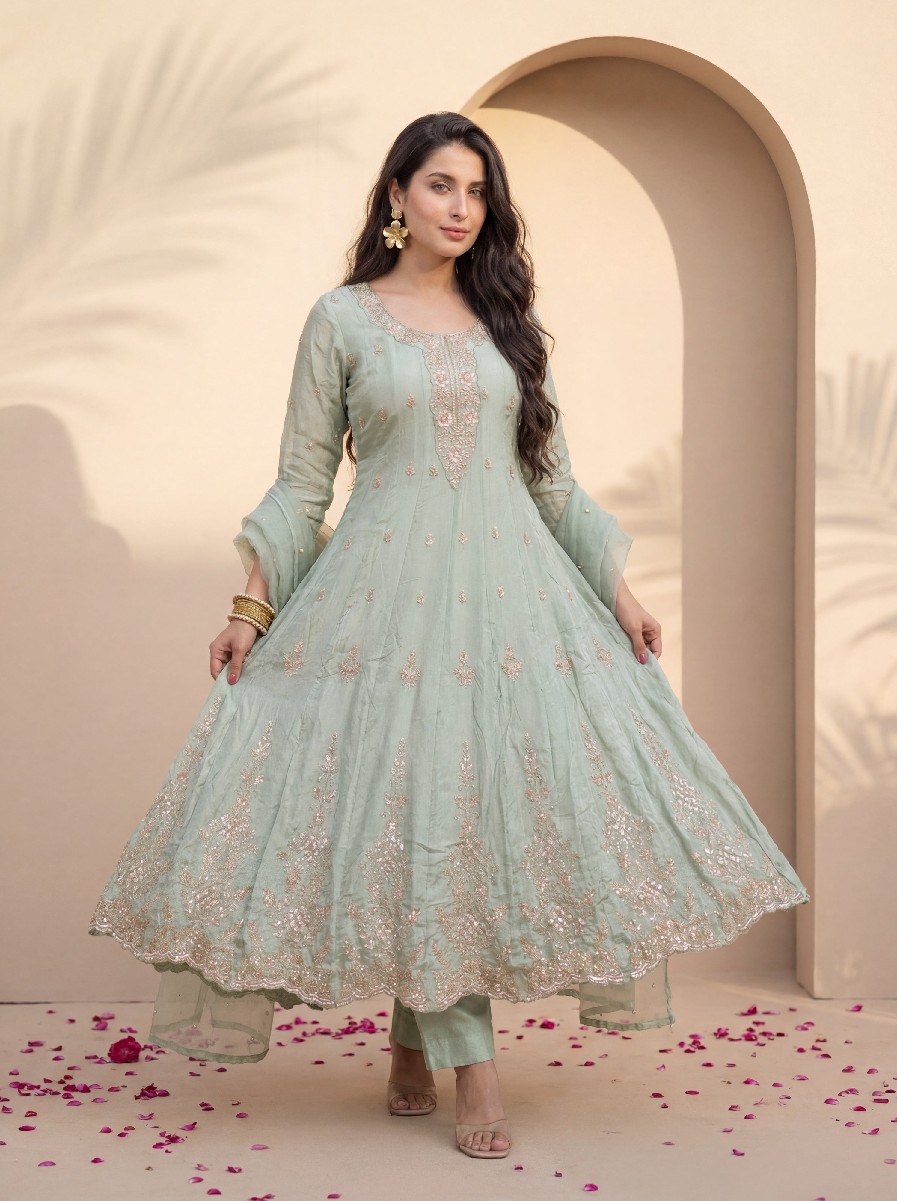 NR-152 Mint Sage Embroidered Anarkali Suit Set