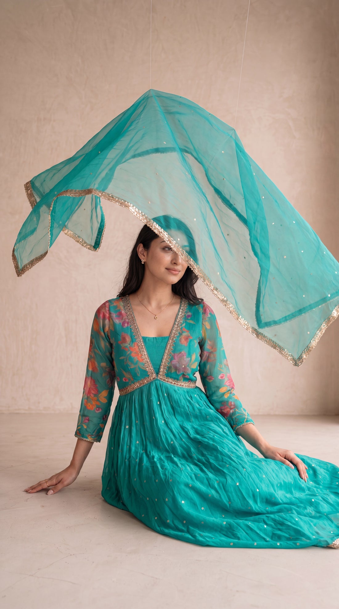 NR-139 Aqua Bloom Anarkali Set With Dupatta