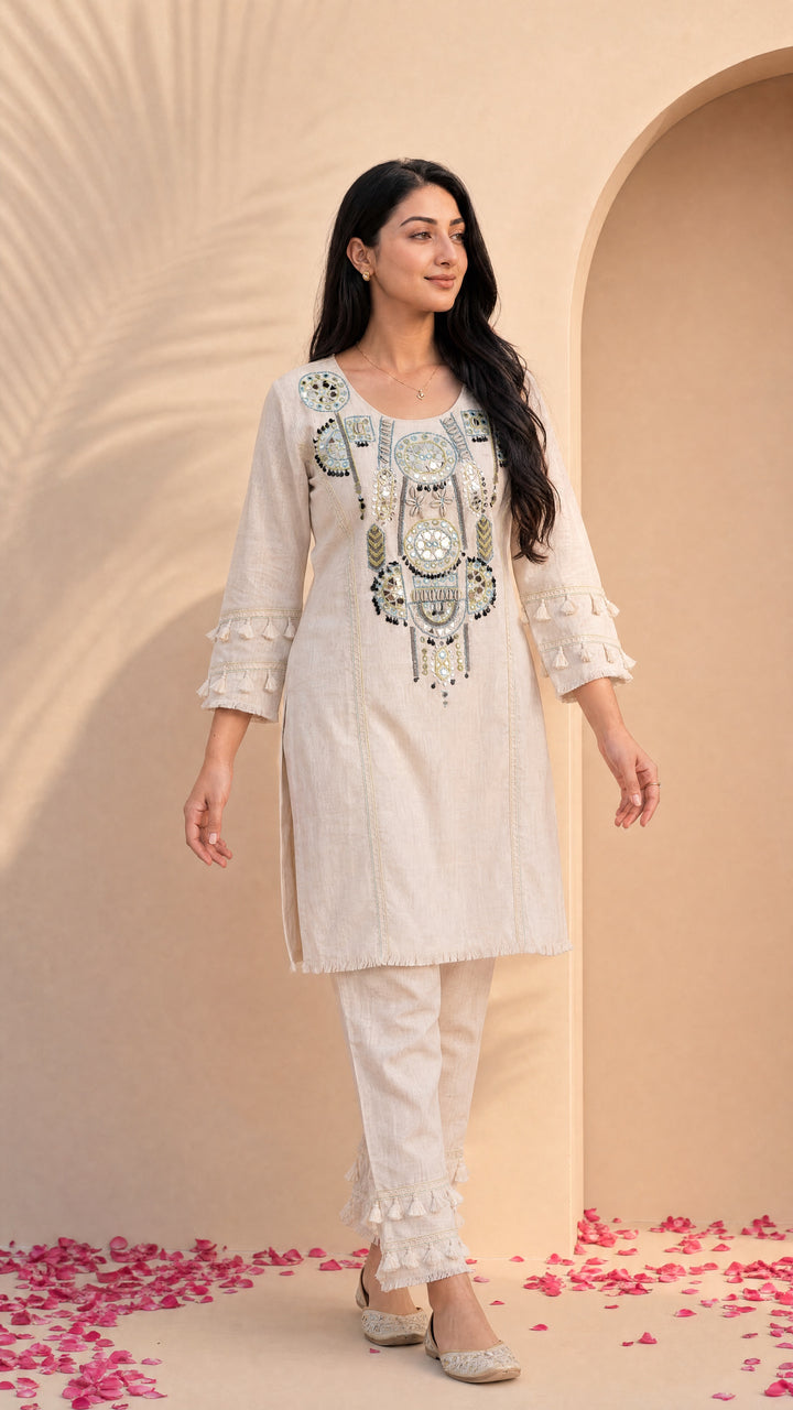 NR-140 Ivory Mirror Work Co-Ord Set