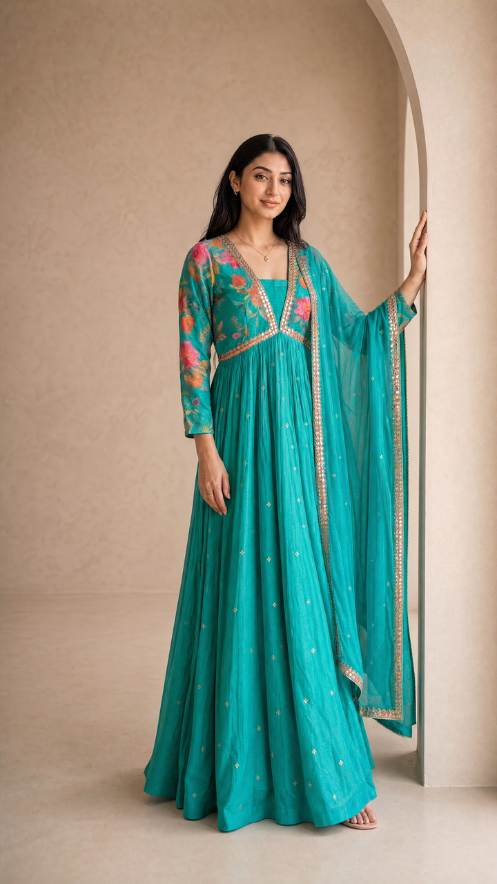 NR-139 Aqua Bloom Anarkali Set With Dupatta