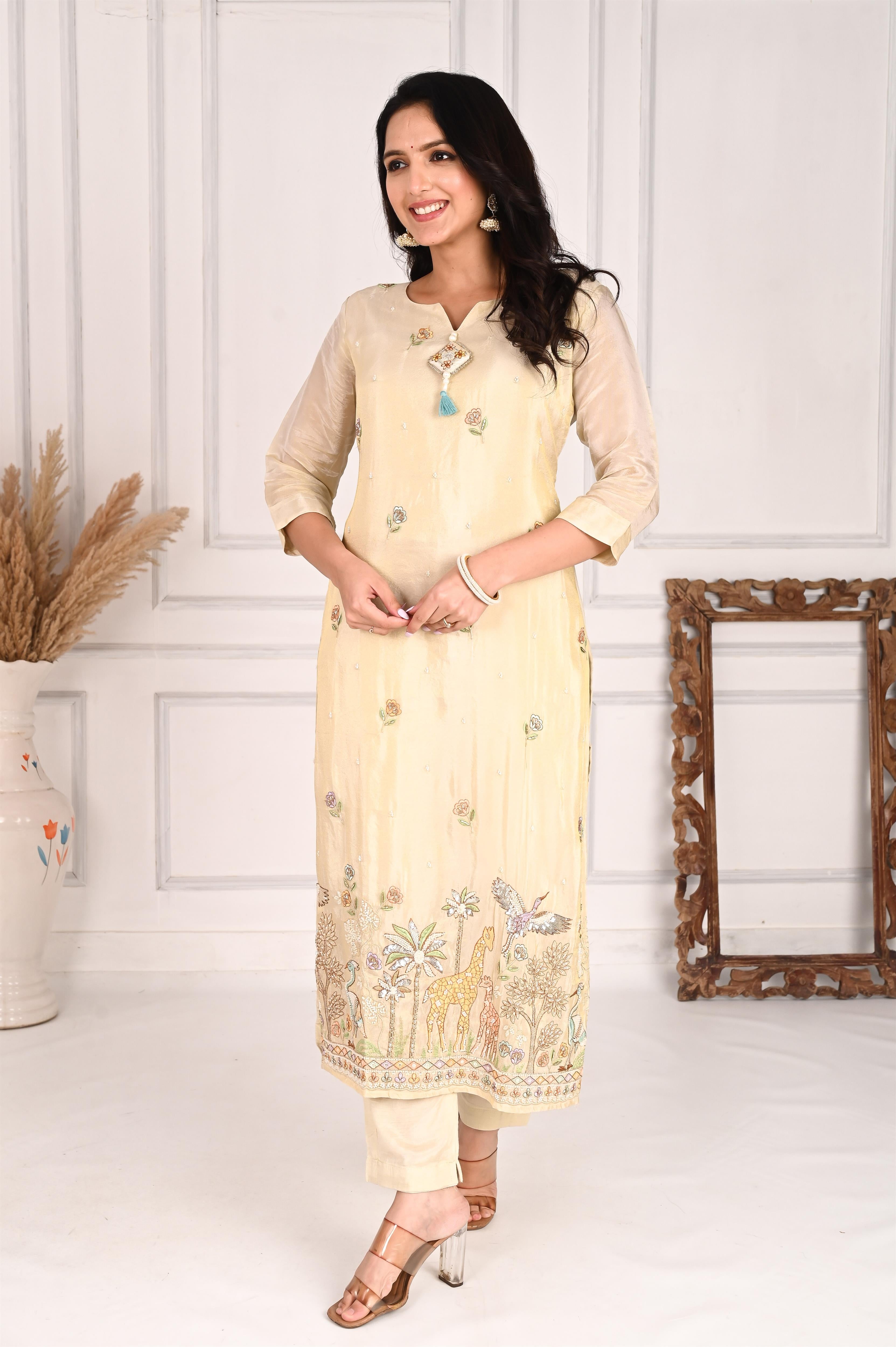 NR-102/ Cream Beige Wildlife Embroidered Kurta Set