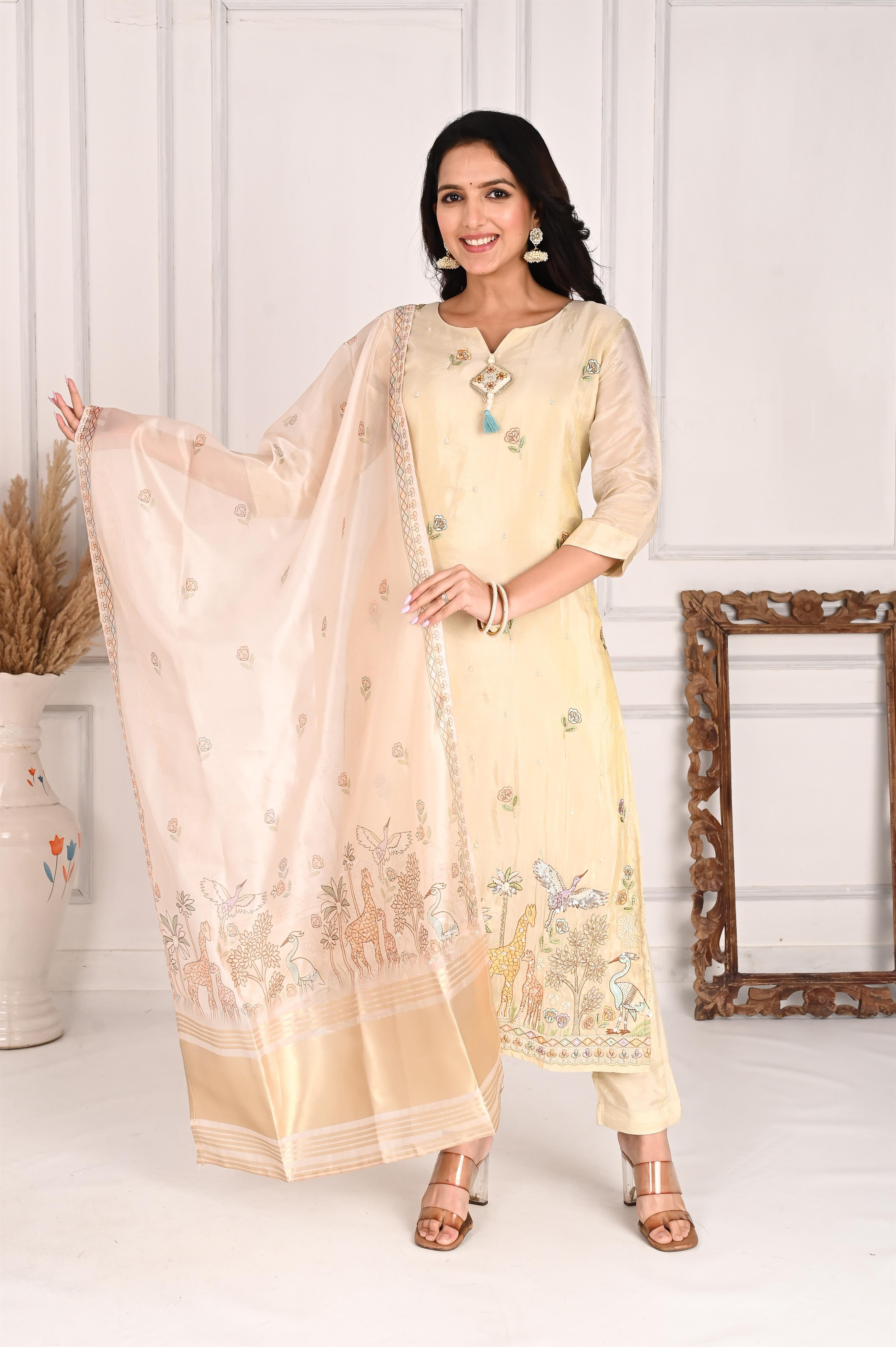 NR-102/ Cream Beige Wildlife Embroidered Kurta Set