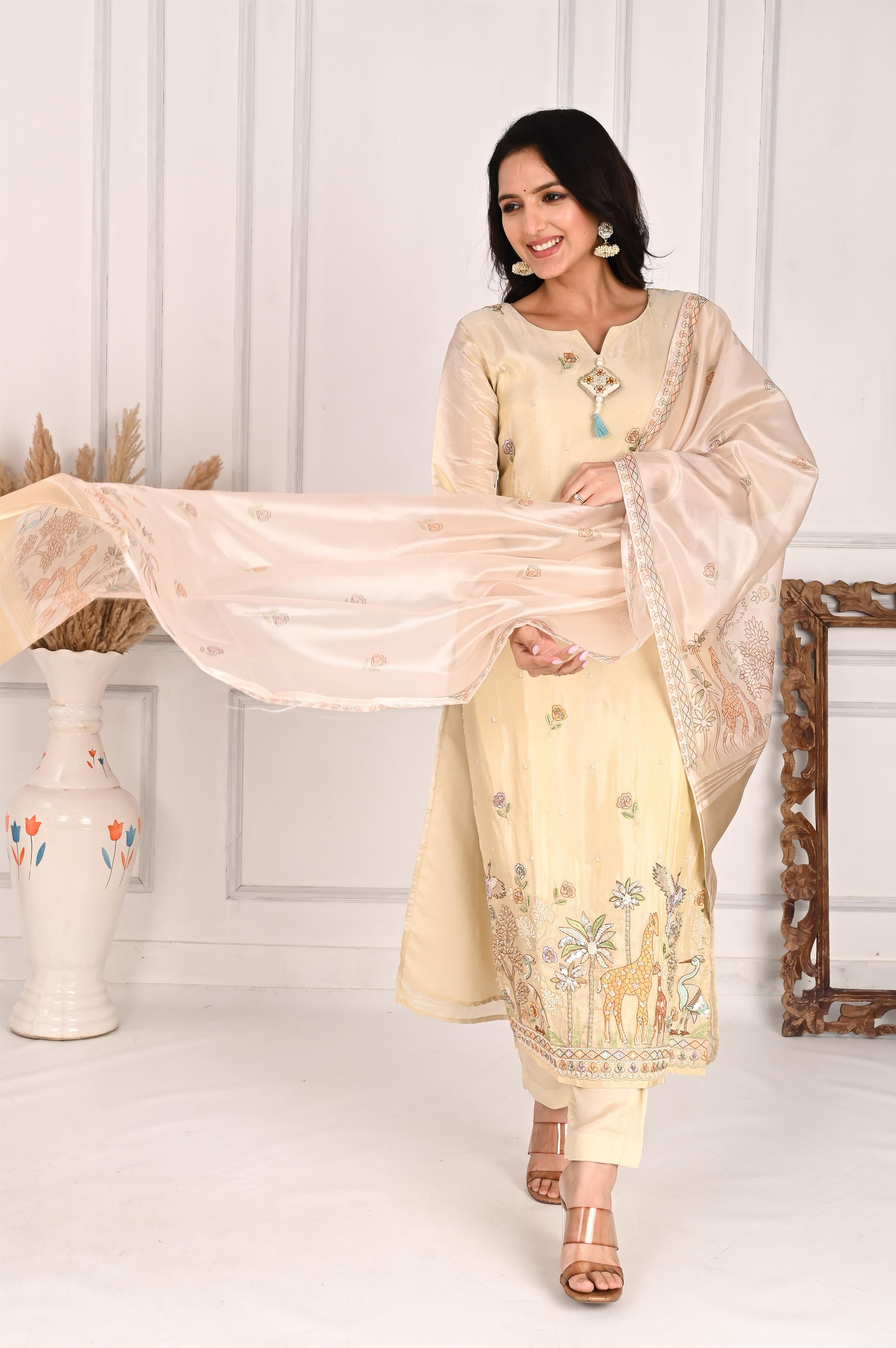 NR-102/ Cream Beige Wildlife Embroidered Kurta Set