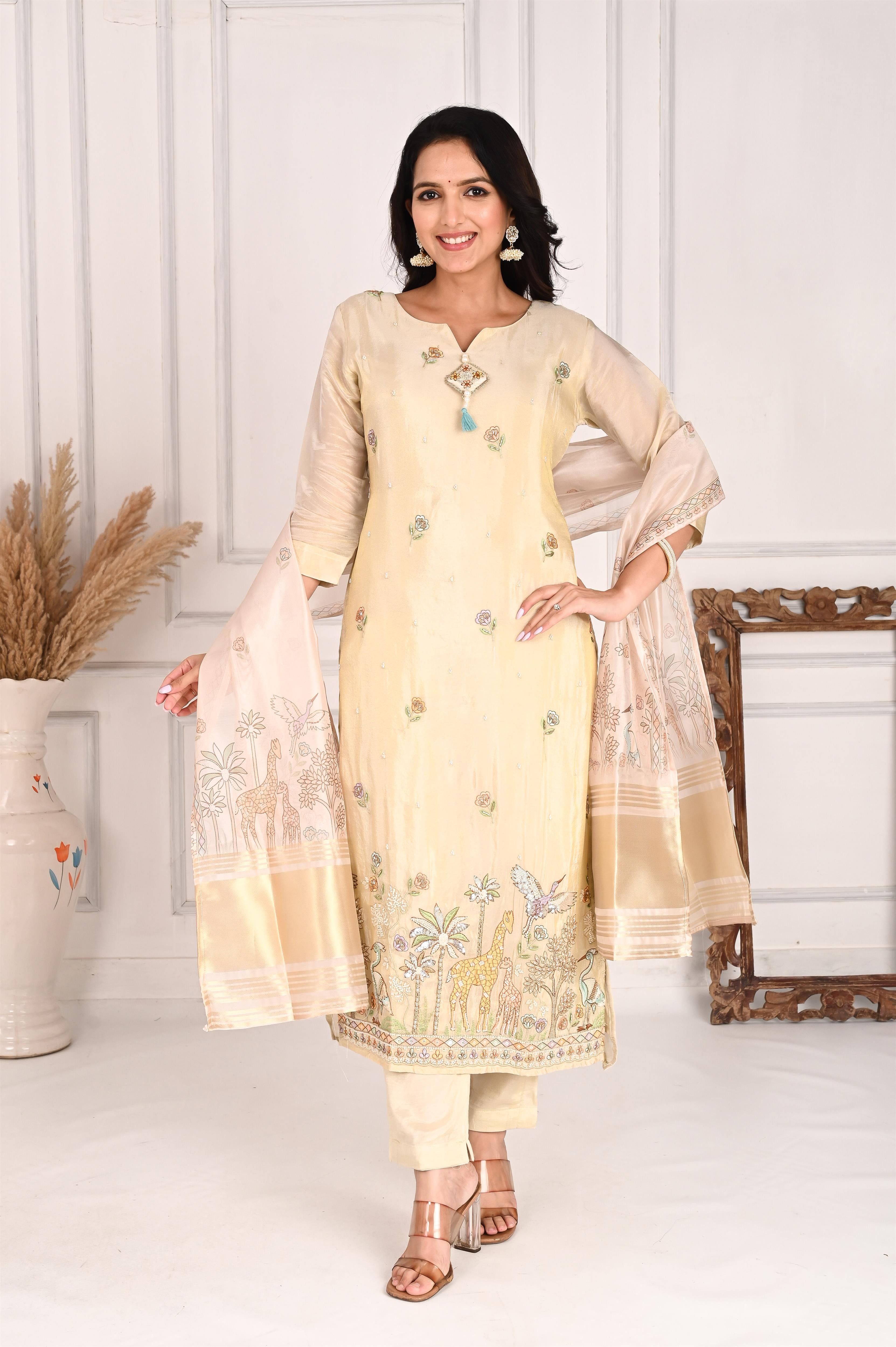 NR-102/ Cream Beige Wildlife Embroidered Kurta Set