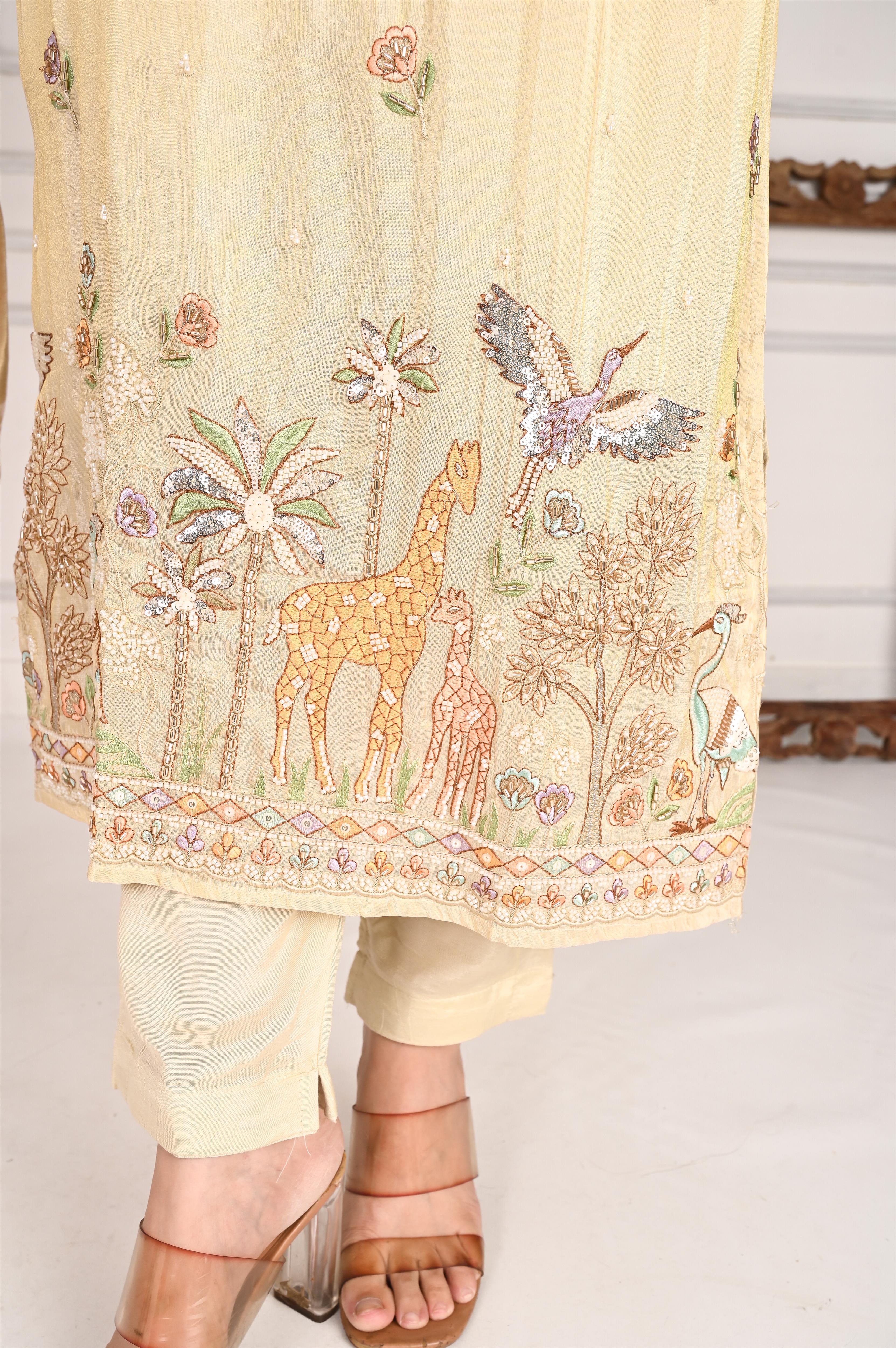 NR-102/ Cream Beige Wildlife Embroidered Kurta Set