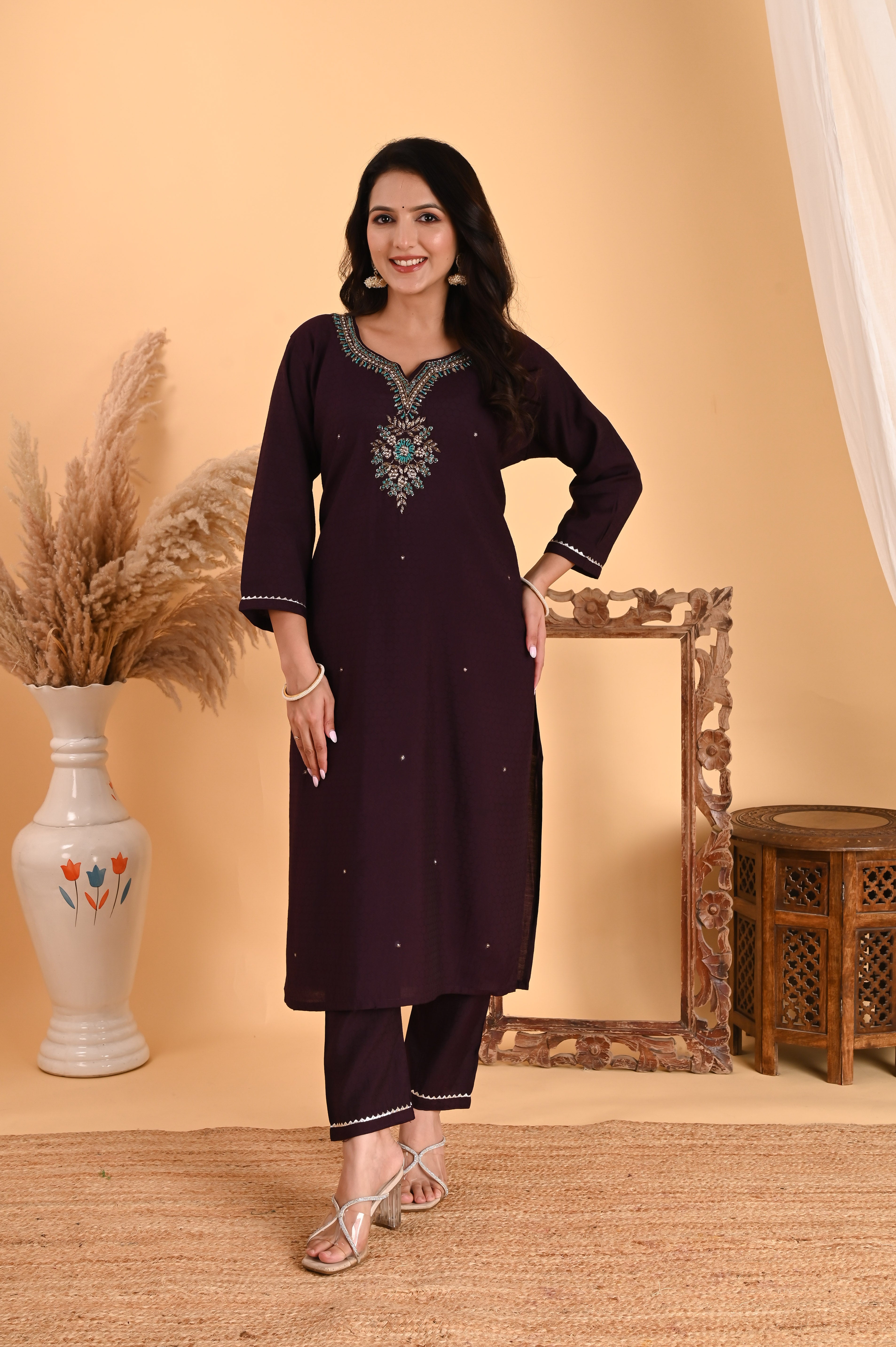 NR-113/ DEEP WINE TEAL EMBROIDERED KURTA SET