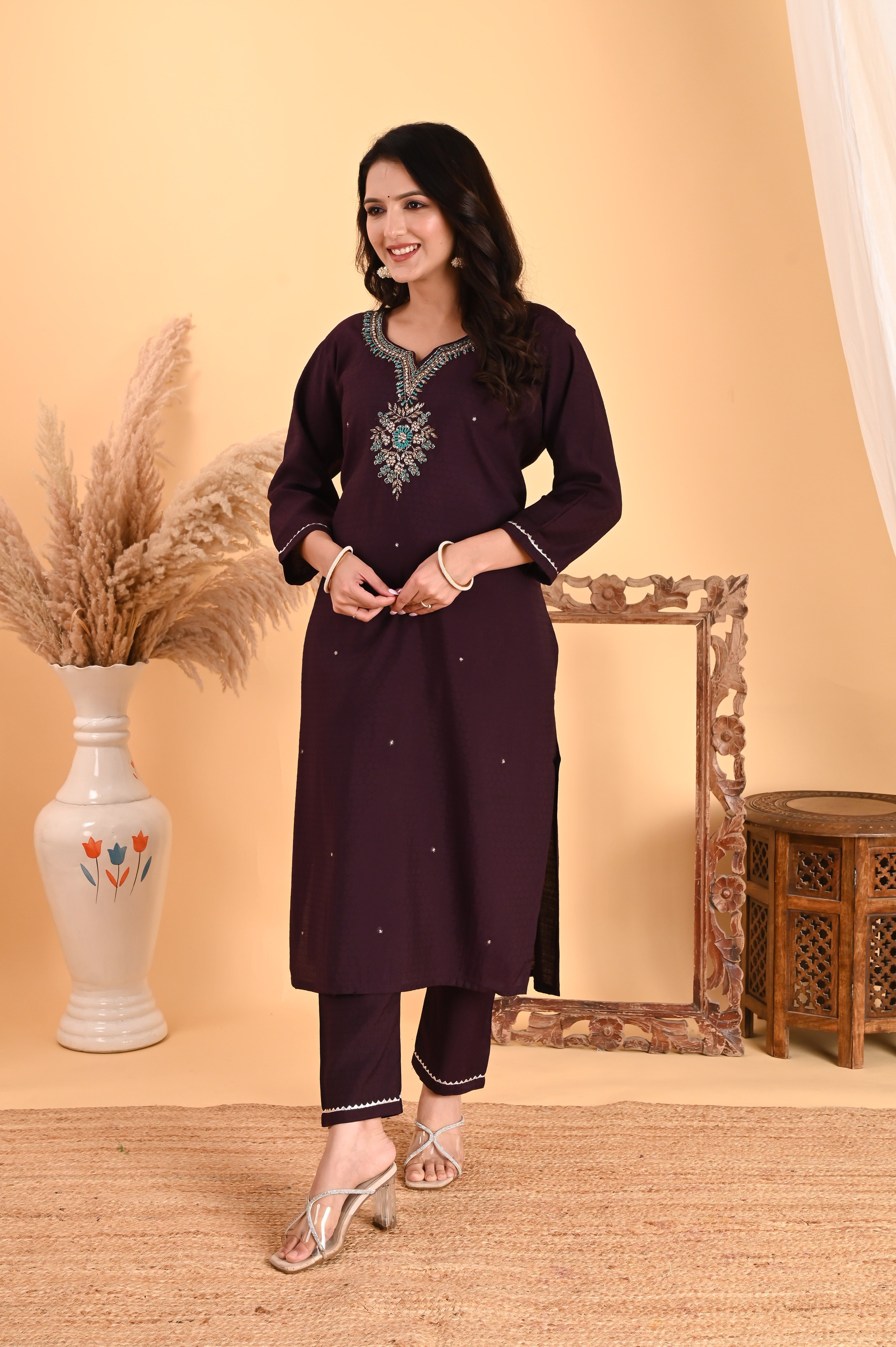 NR-113/ DEEP WINE TEAL EMBROIDERED KURTA SET