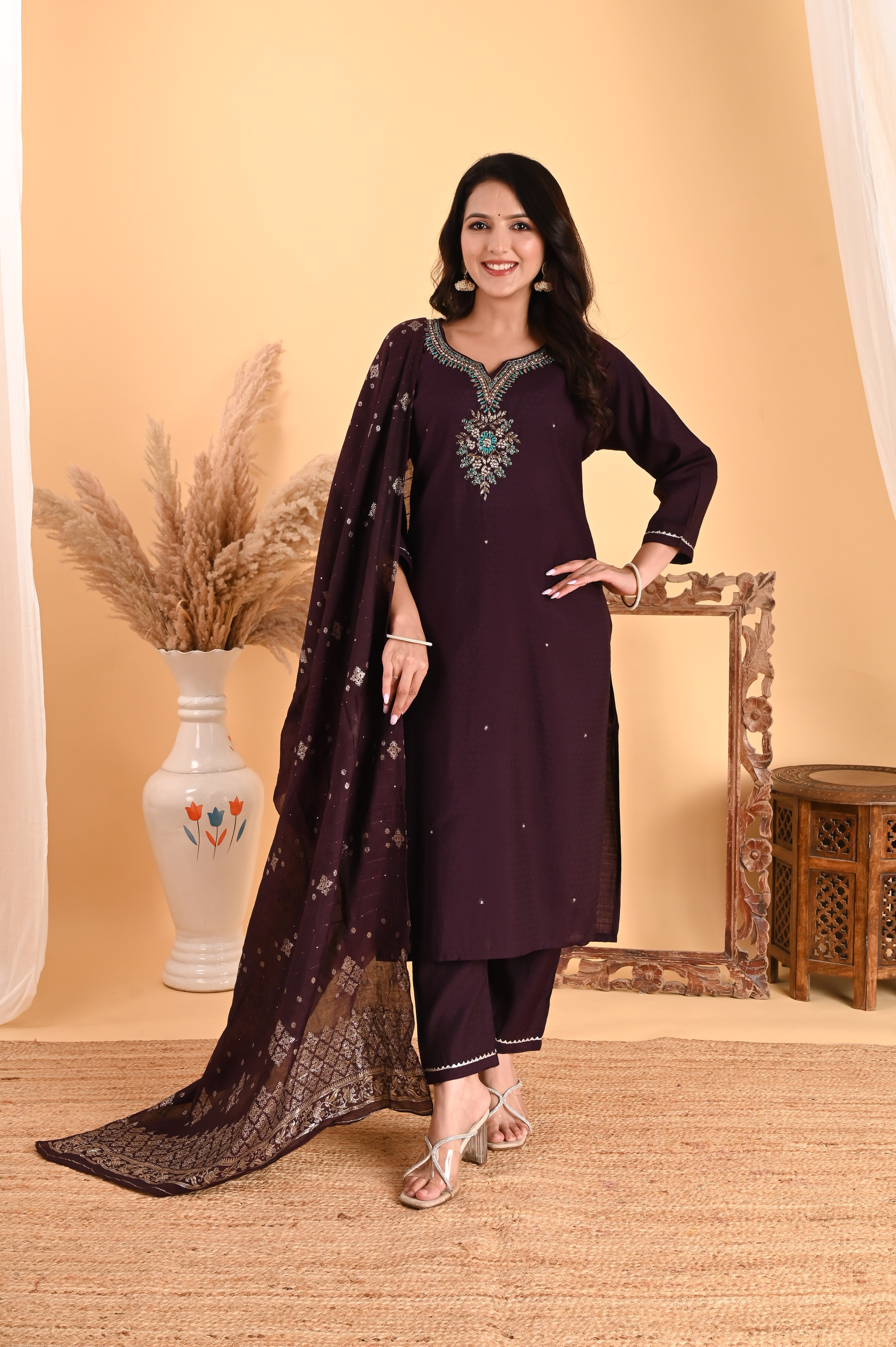 NR-113/ DEEP WINE TEAL EMBROIDERED KURTA SET