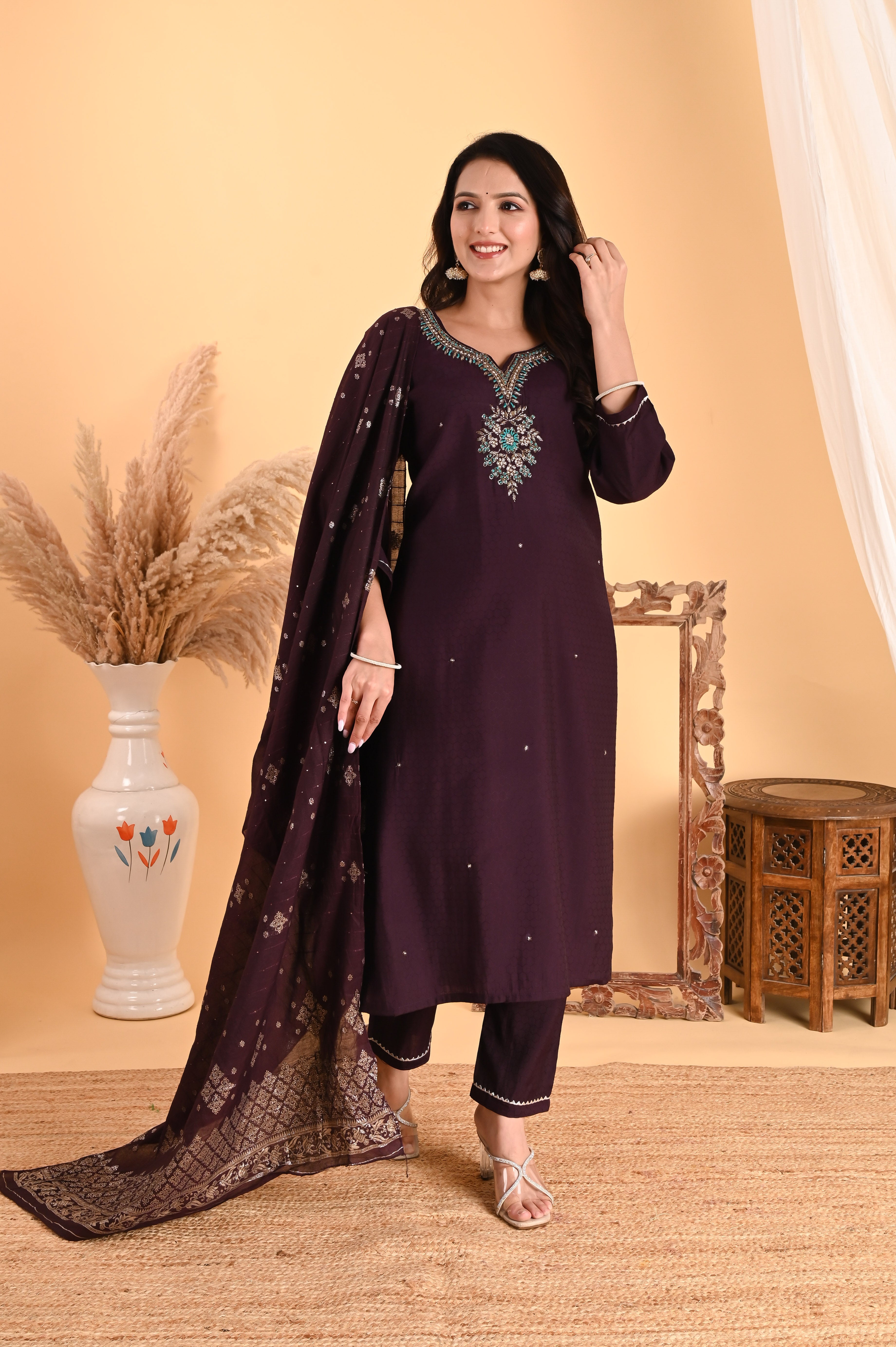 NR-113/ DEEP WINE TEAL EMBROIDERED KURTA SET