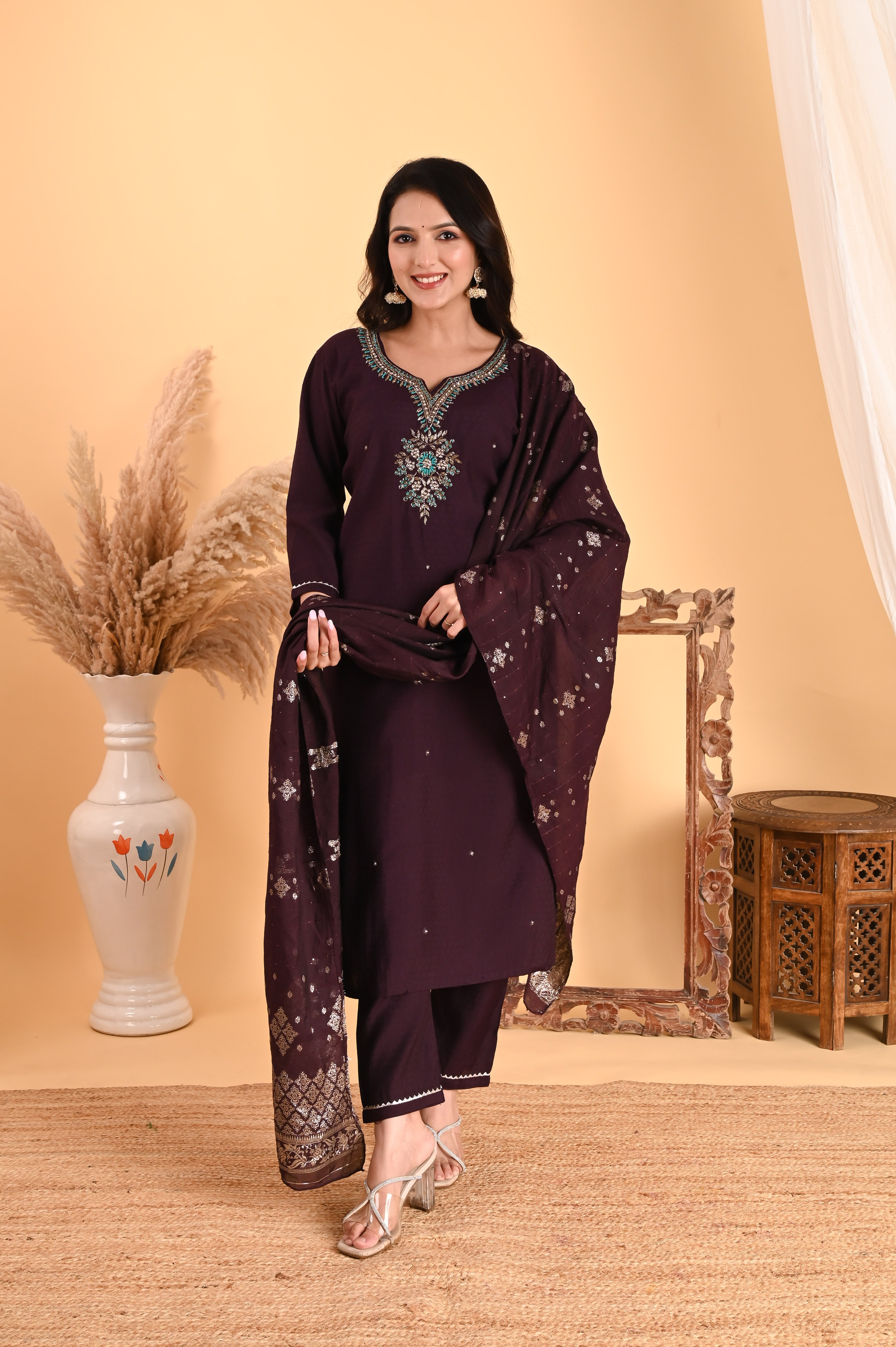 NR-113/ DEEP WINE TEAL EMBROIDERED KURTA SET