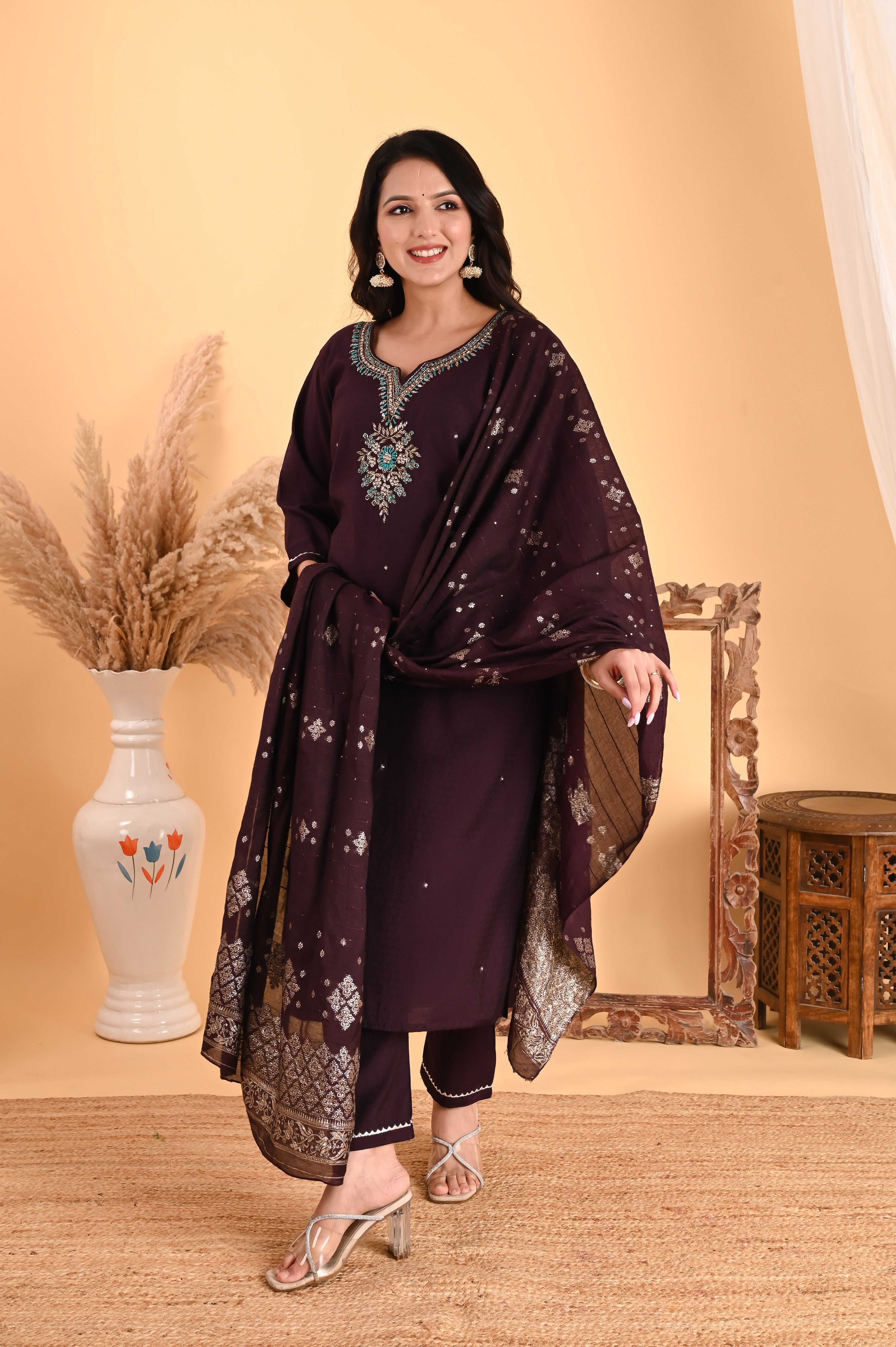 NR-113/ DEEP WINE TEAL EMBROIDERED KURTA SET