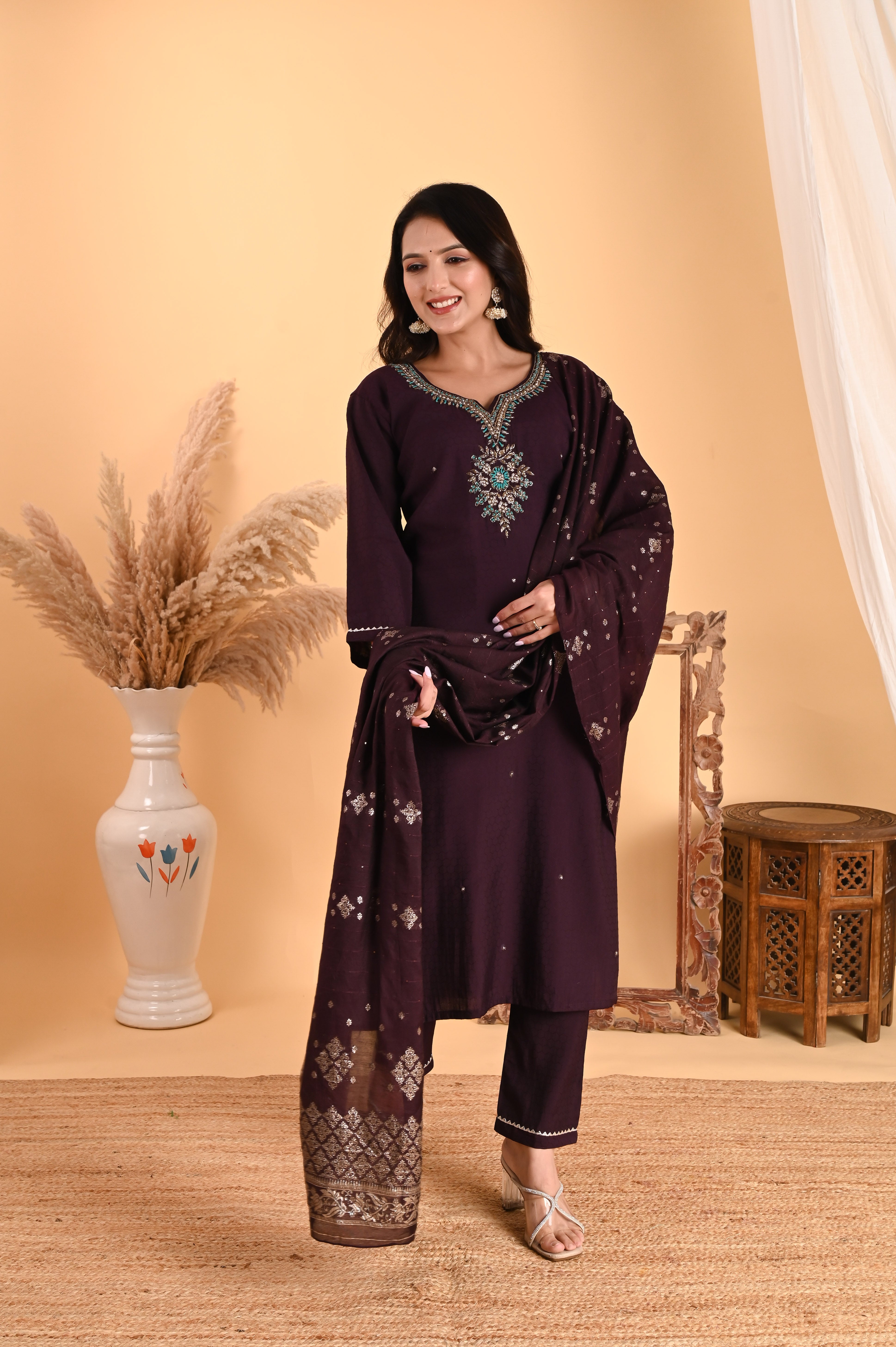 NR-113/ DEEP WINE TEAL EMBROIDERED KURTA SET