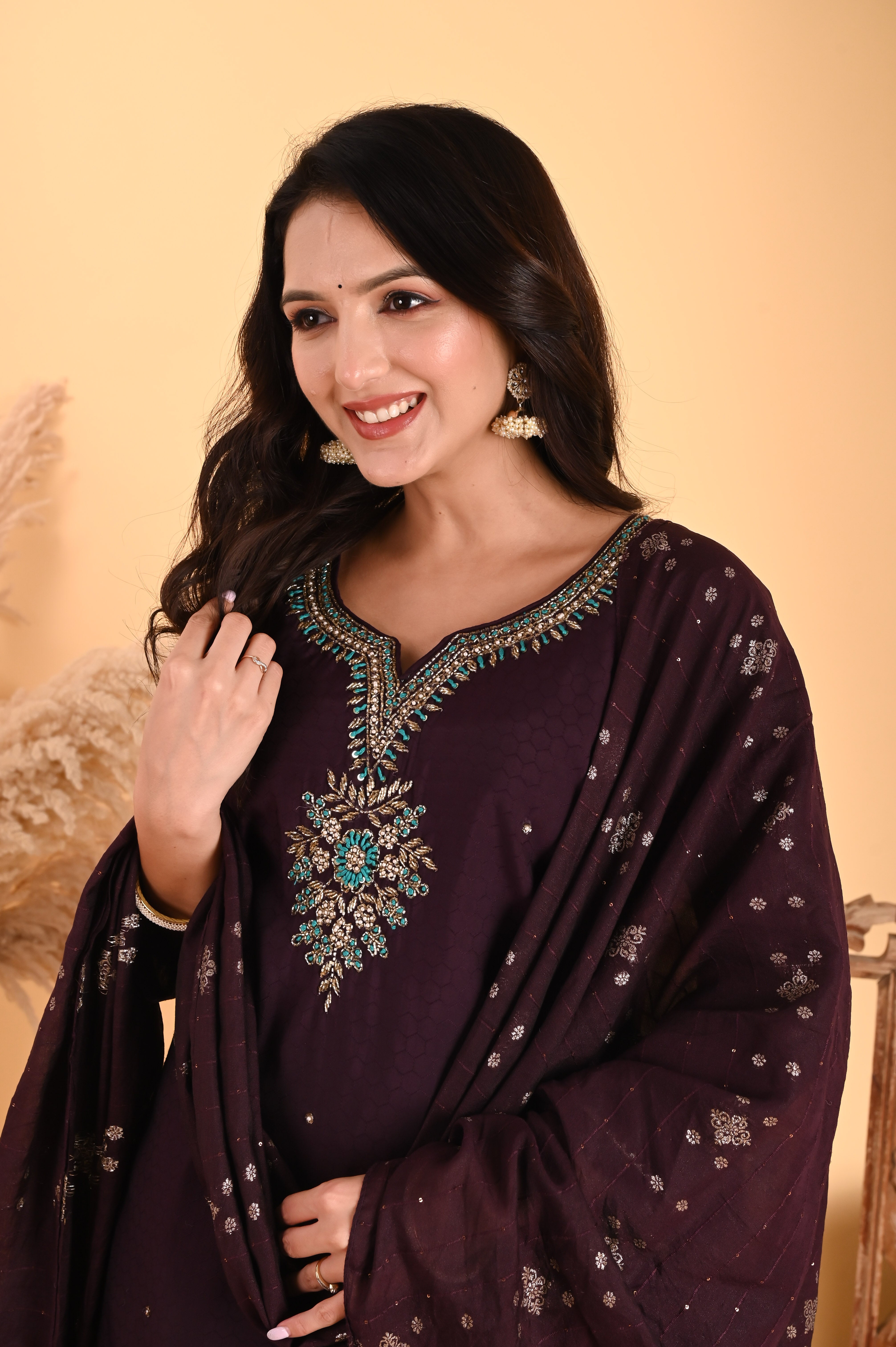 NR-113/ DEEP WINE TEAL EMBROIDERED KURTA SET