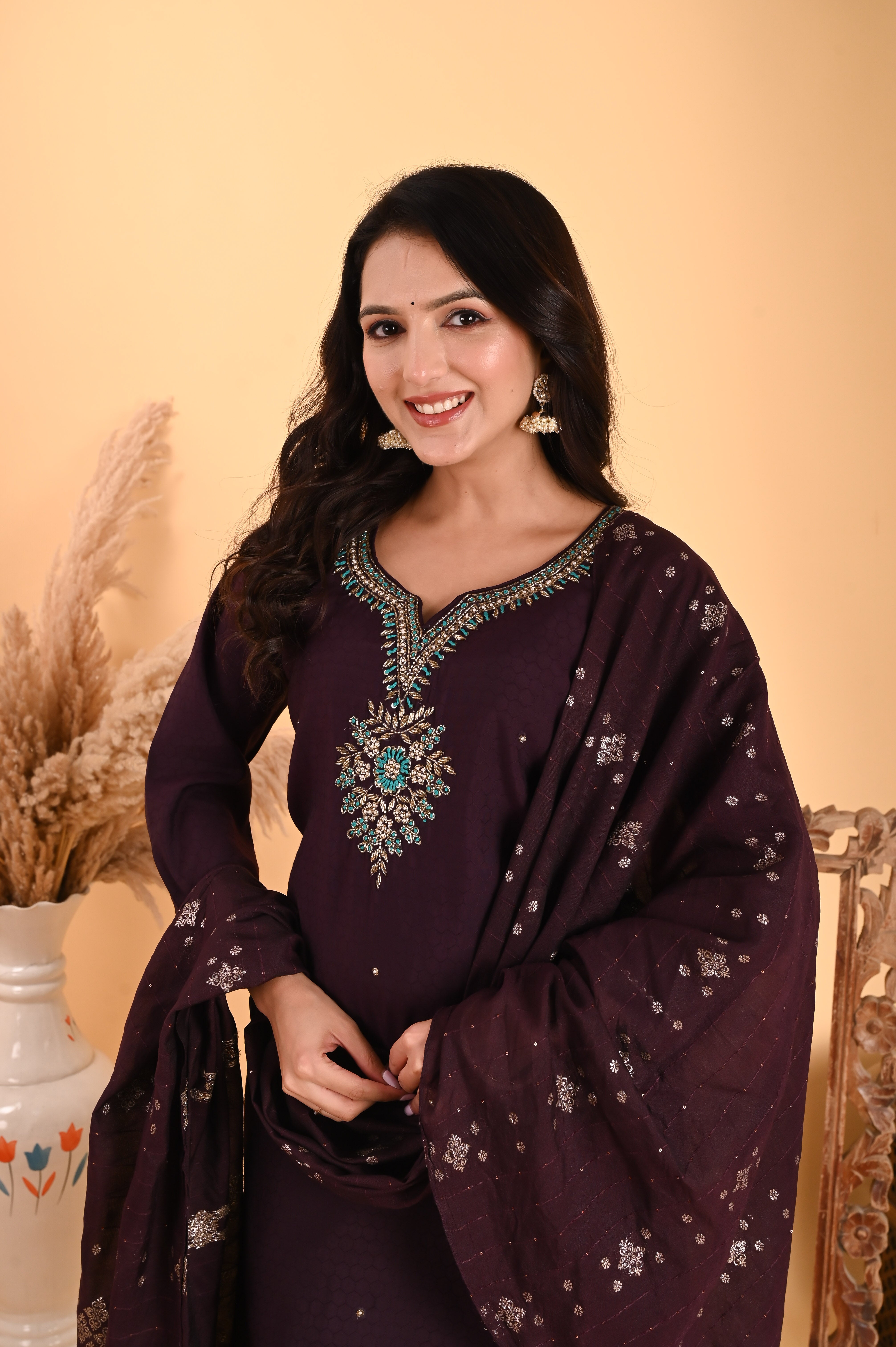 NR-113/ DEEP WINE TEAL EMBROIDERED KURTA SET