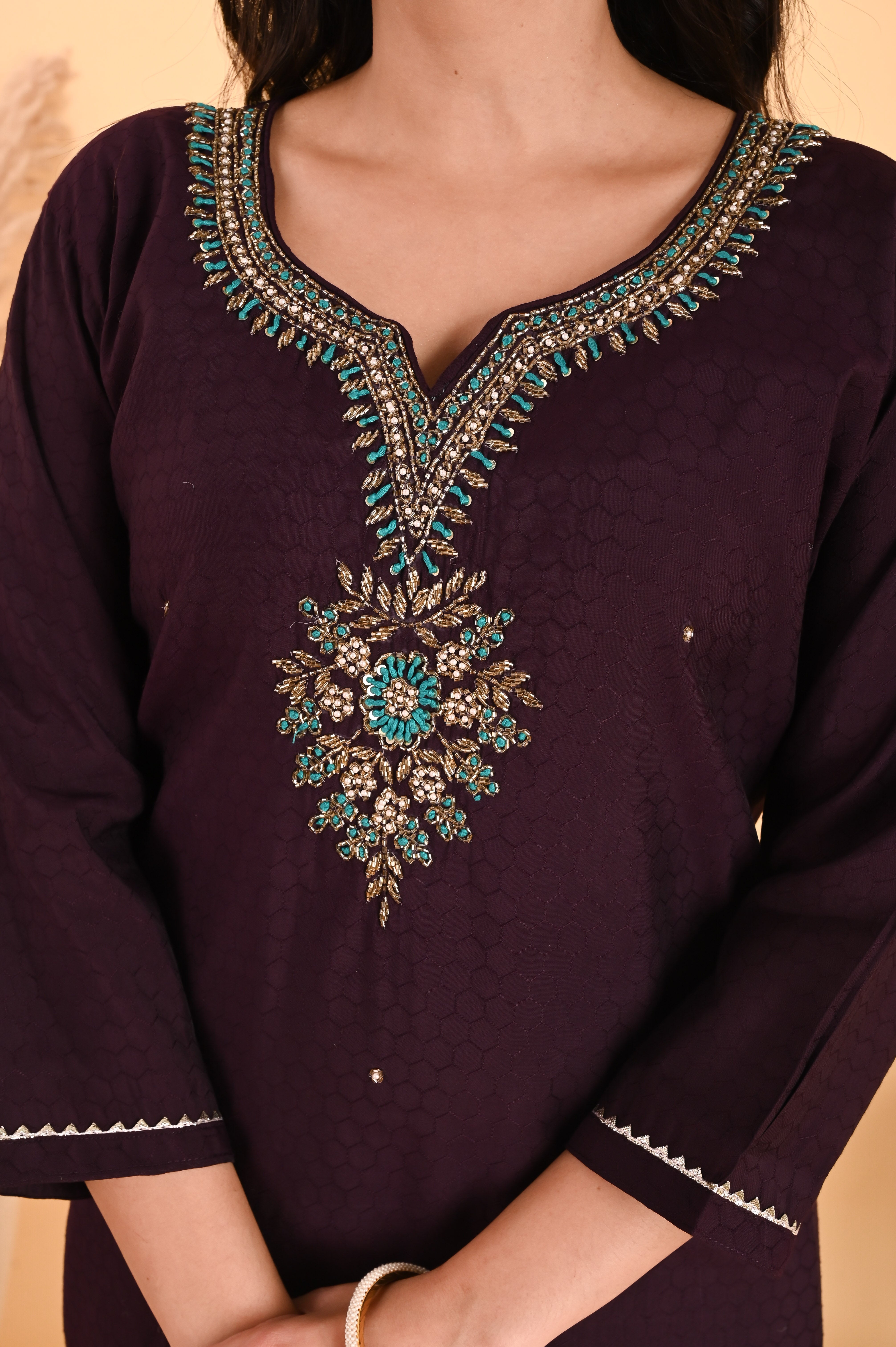 NR-113/ DEEP WINE TEAL EMBROIDERED KURTA SET