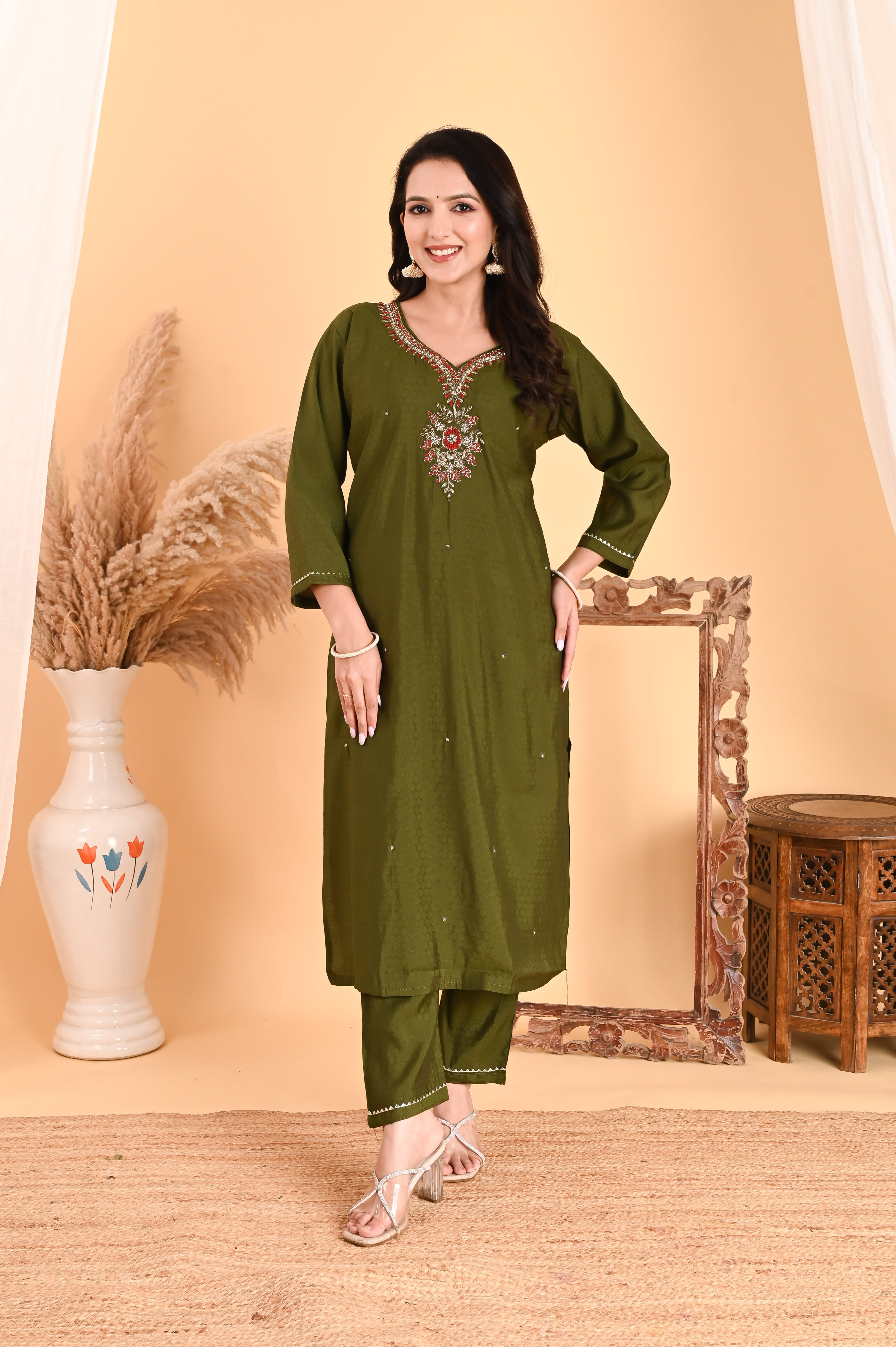 NR- 104/ Olive Green Floral Embroidered Kurta Set
