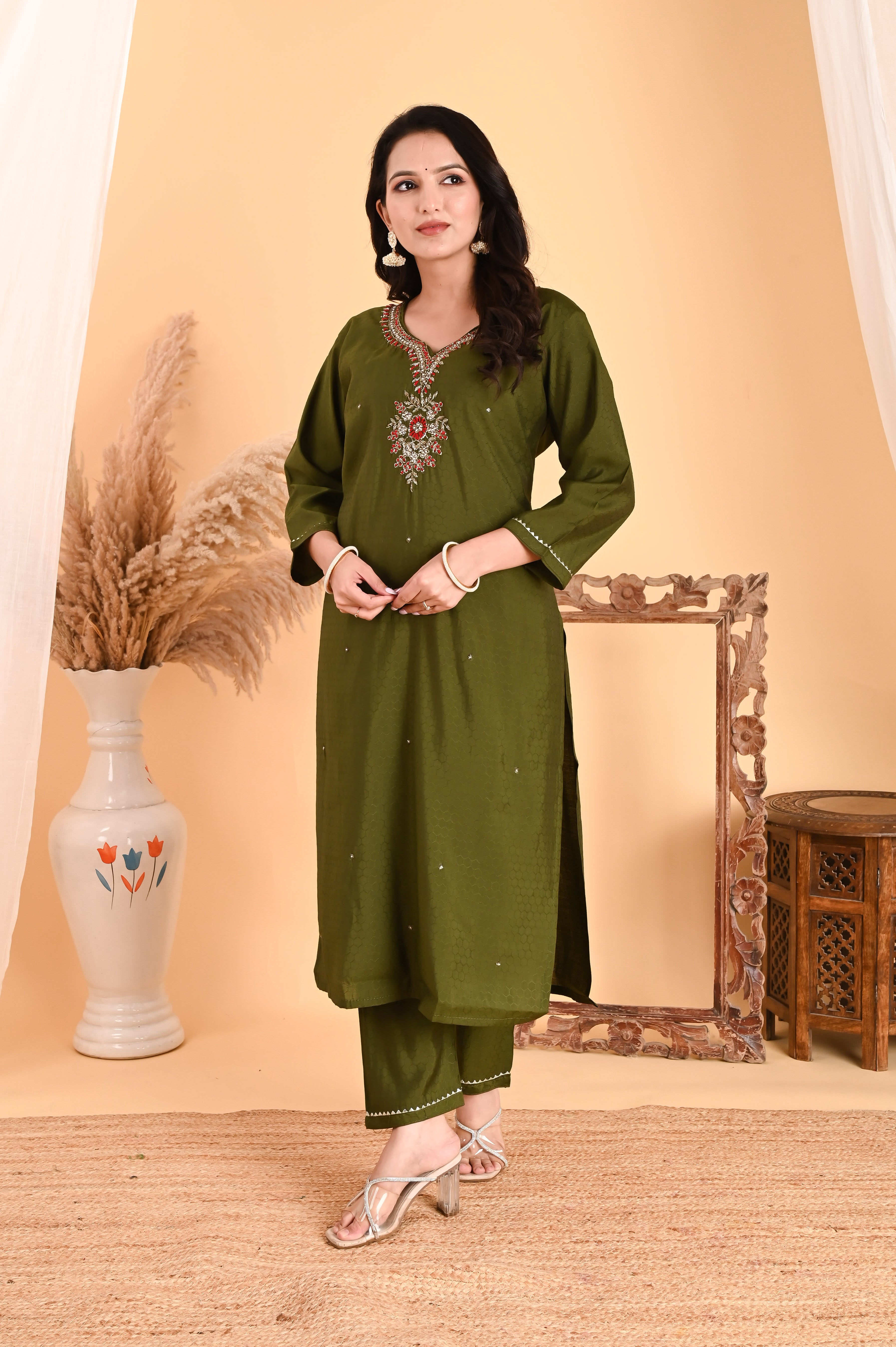 NR- 104/ Olive Green Floral Embroidered Kurta Set